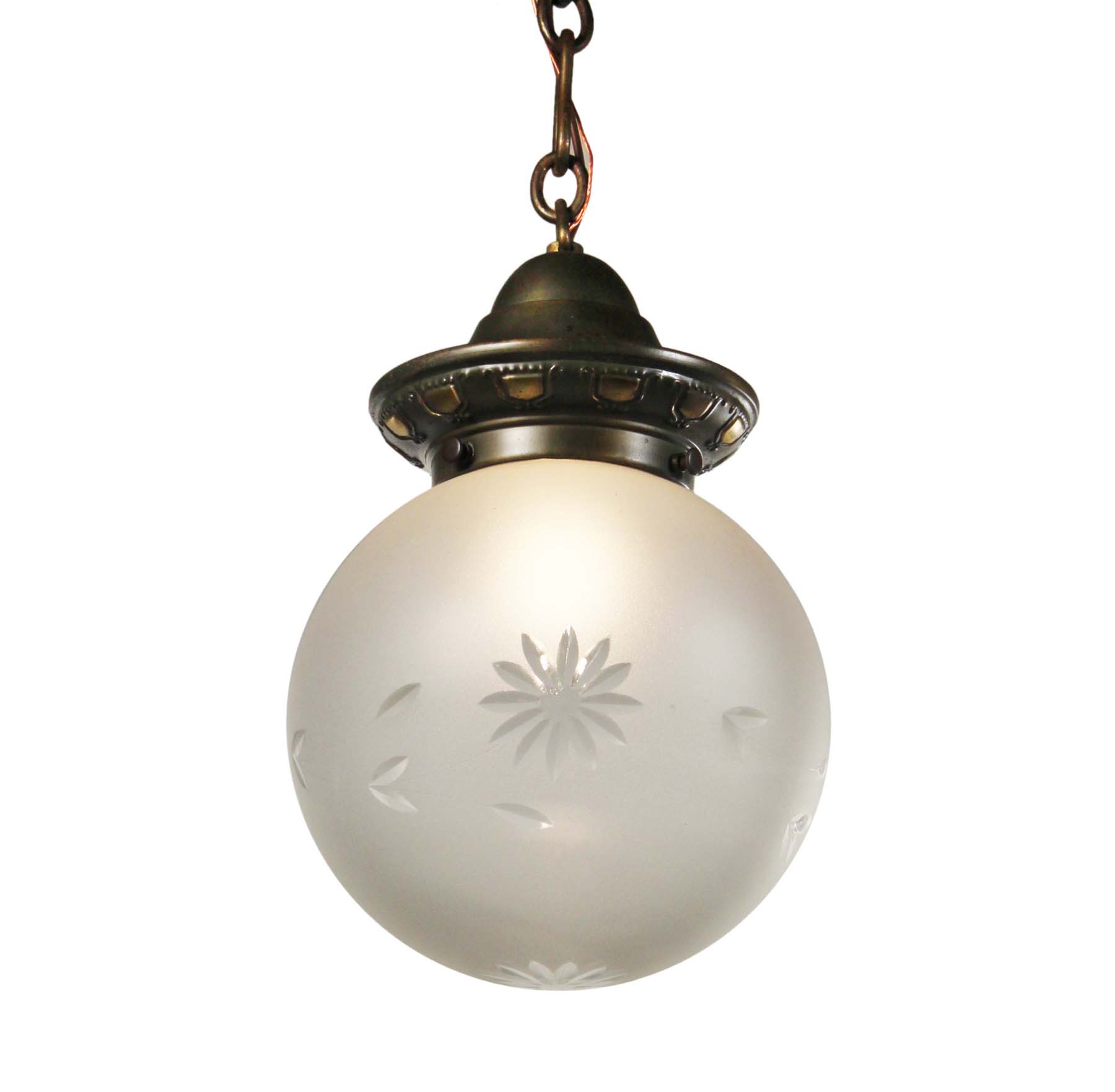 SOLD Antique Brass Pendant with Original Ball Shade, c. 1910-0