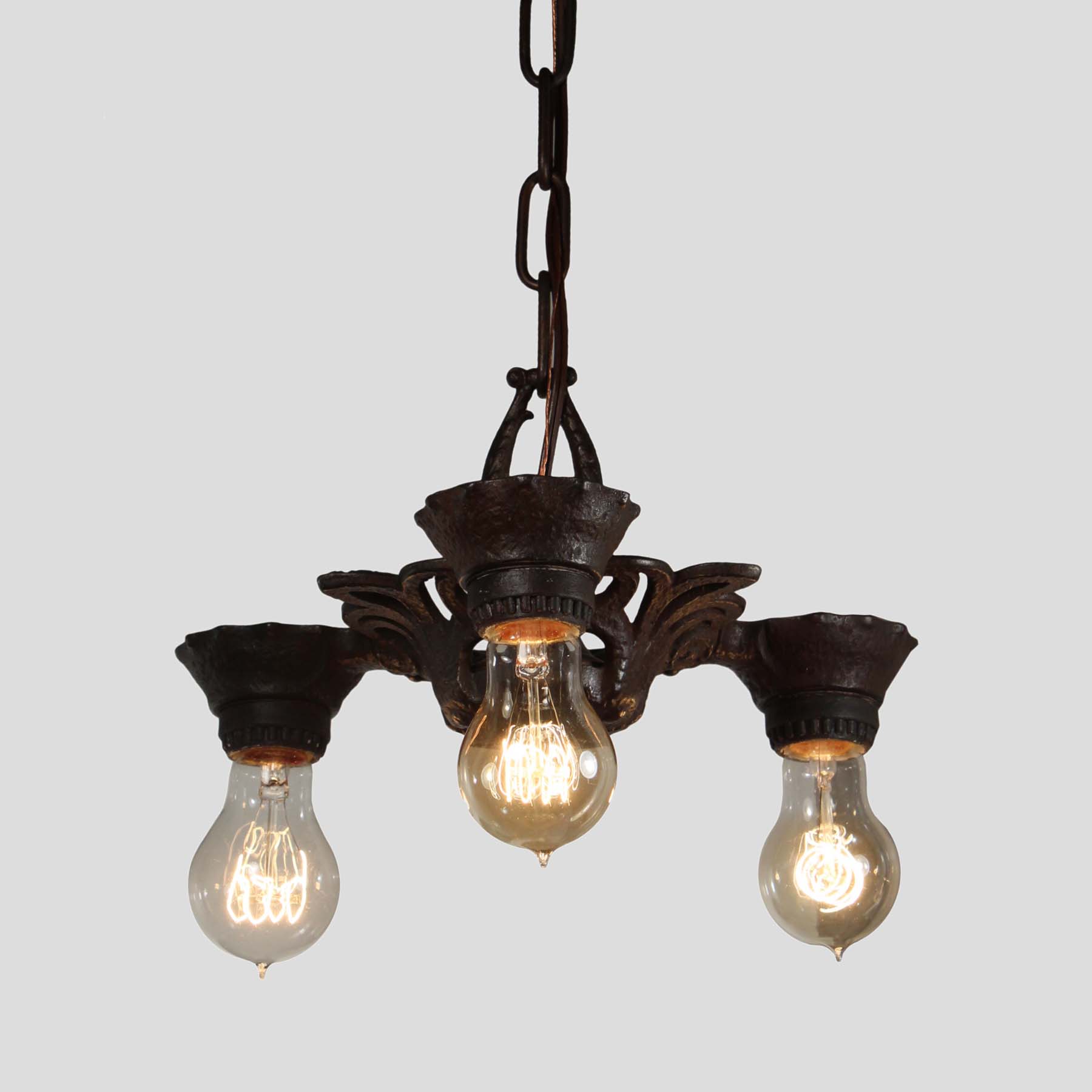 SOLD Antique Three-Light Chandelier with Exposed Bulbs-68004