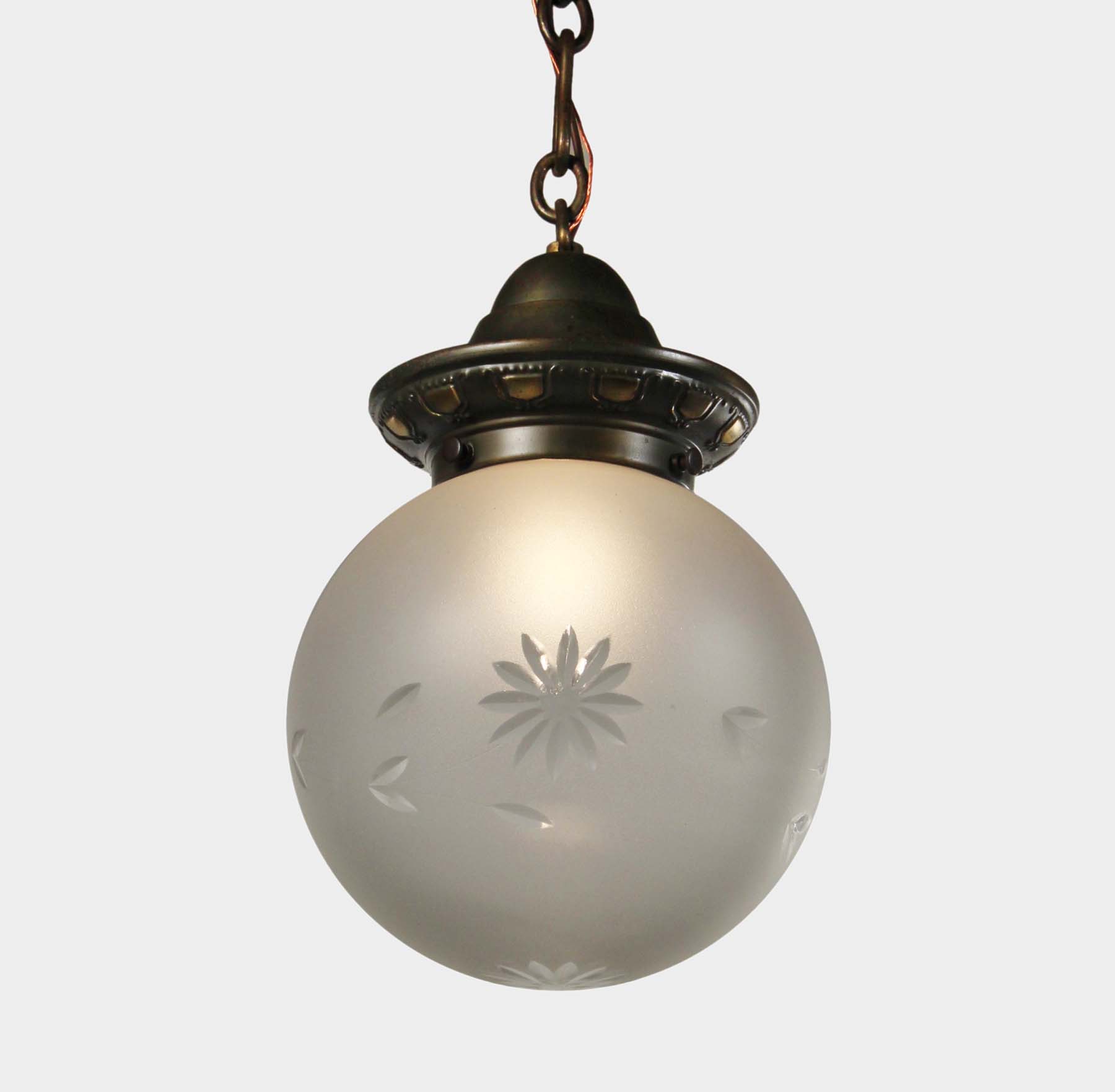 SOLD Antique Brass Pendant with Original Ball Shade, c. 1910-68186