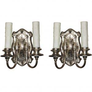 Pair of Antique Silver Plated Double-Arm Sconces, c. 1910-0