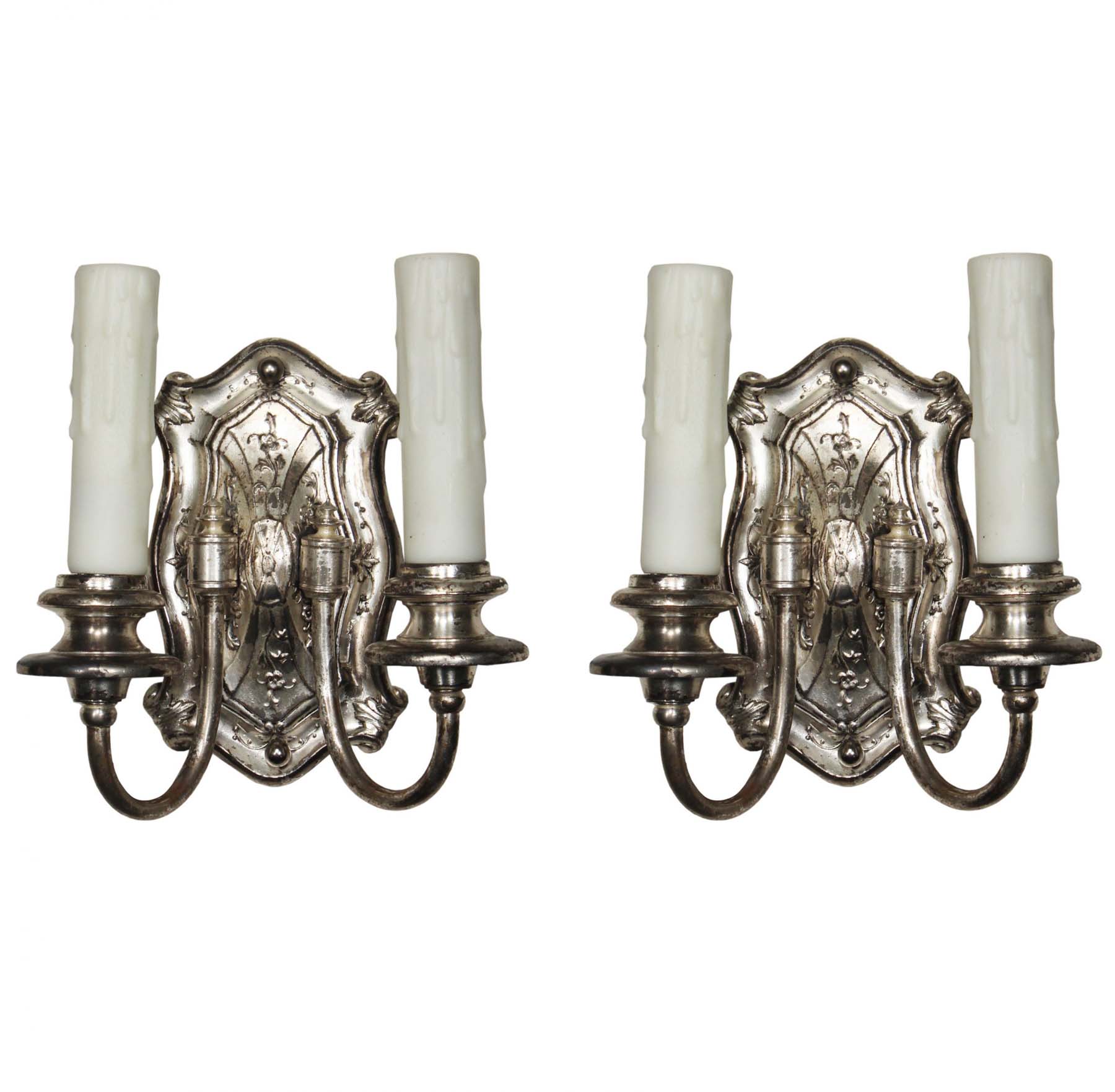 Pair of Antique Silver Plated Double-Arm Sconces, c. 1910-0