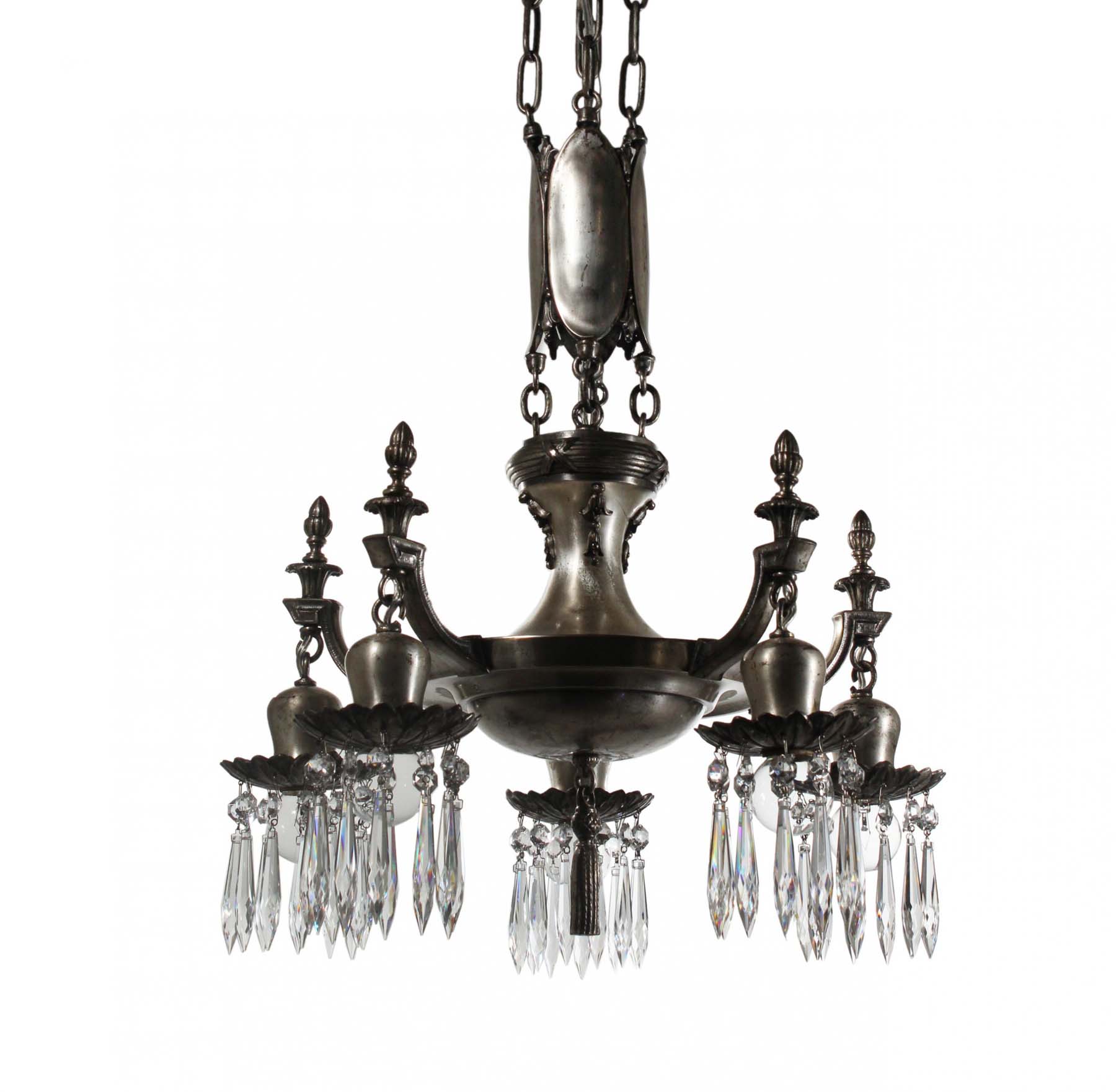 SOLD Antique Neoclassical Silver Plated Chandelier with Prisms-0