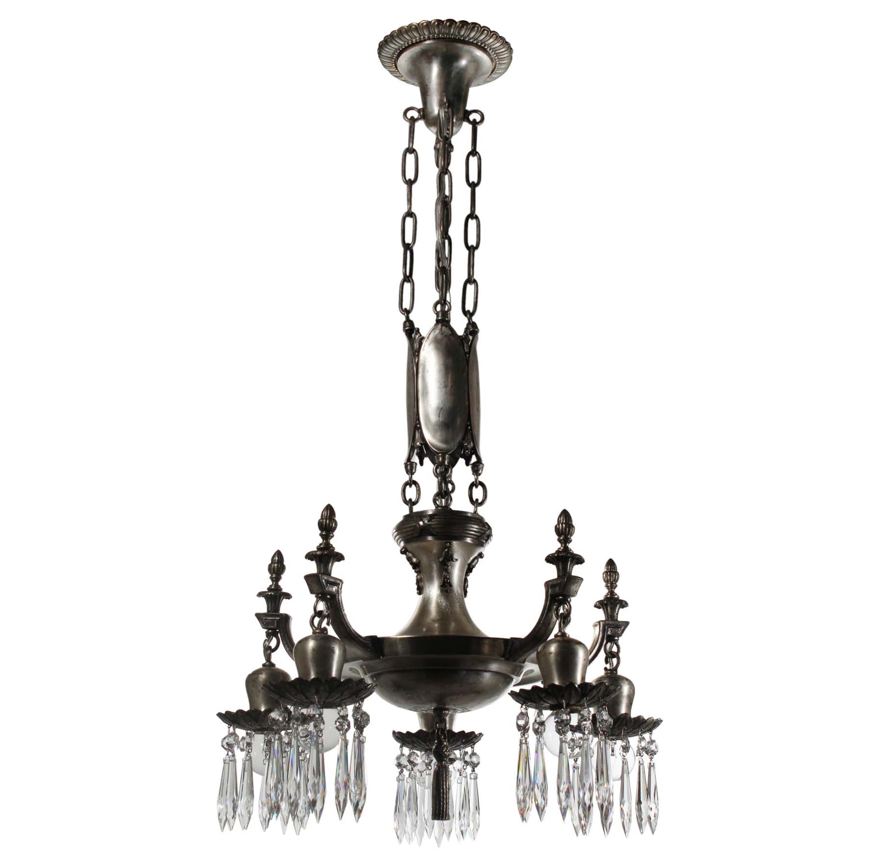 SOLD Antique Neoclassical Silver Plated Chandelier with Prisms-68305