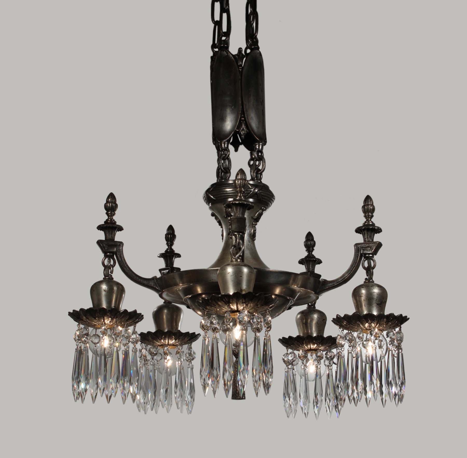 SOLD Antique Neoclassical Silver Plated Chandelier with Prisms-68306