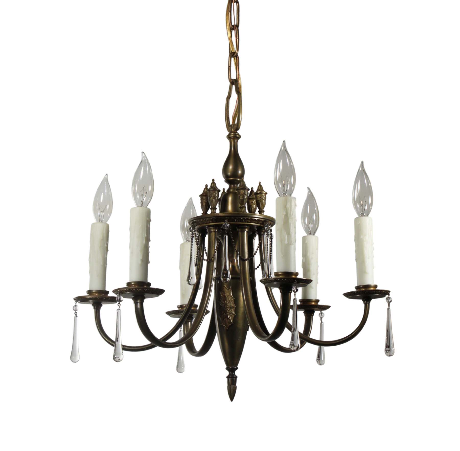 Antique Brass SixLight Chandelier with Teardrop Prisms