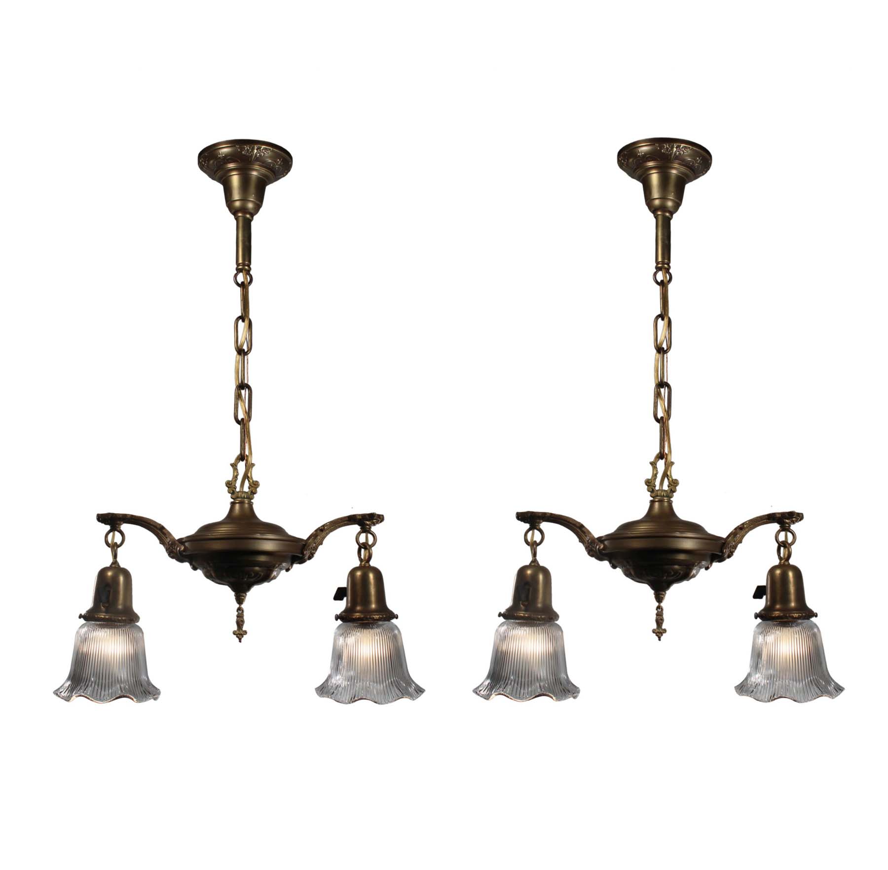 SOLD Antique Two-Light Chandeliers with Glass Shades-0