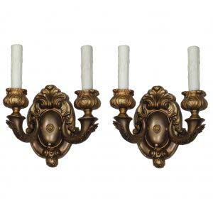 Pair of Antique Neoclassical Double-Arm Sconces in Brass