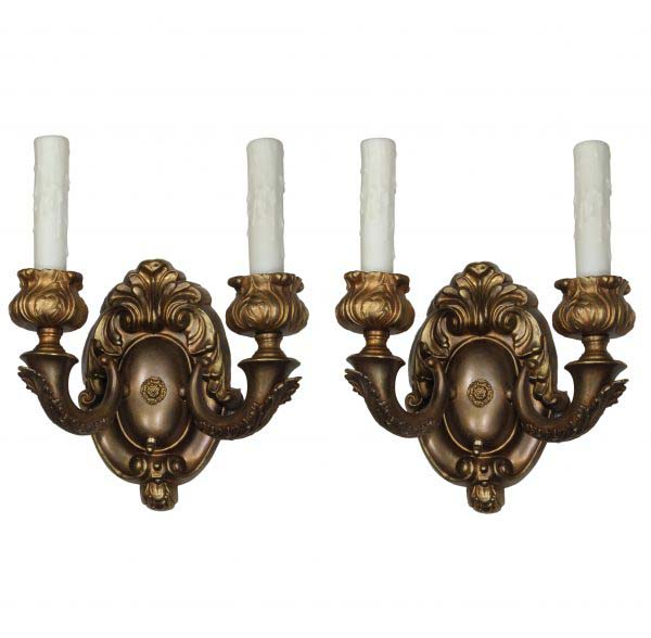 Pair of Antique Neoclassical Double-Arm Sconces in Brass-0