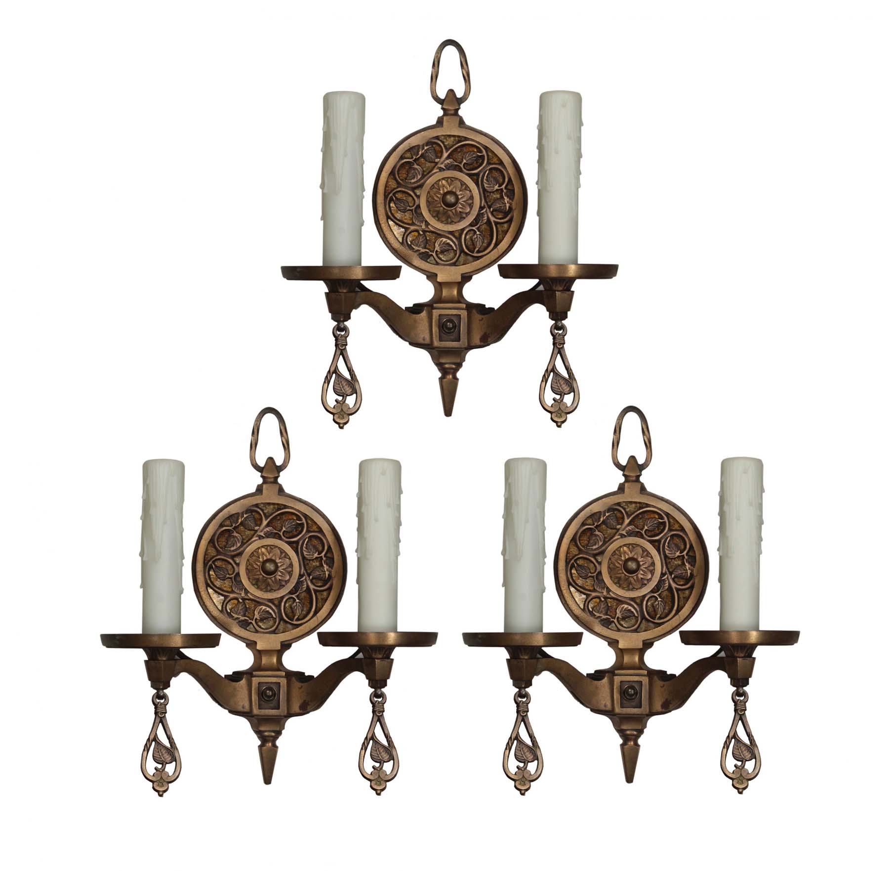 SOLD Matching Antique Cast Bronze Sconces with Mica, c. 1920s -0