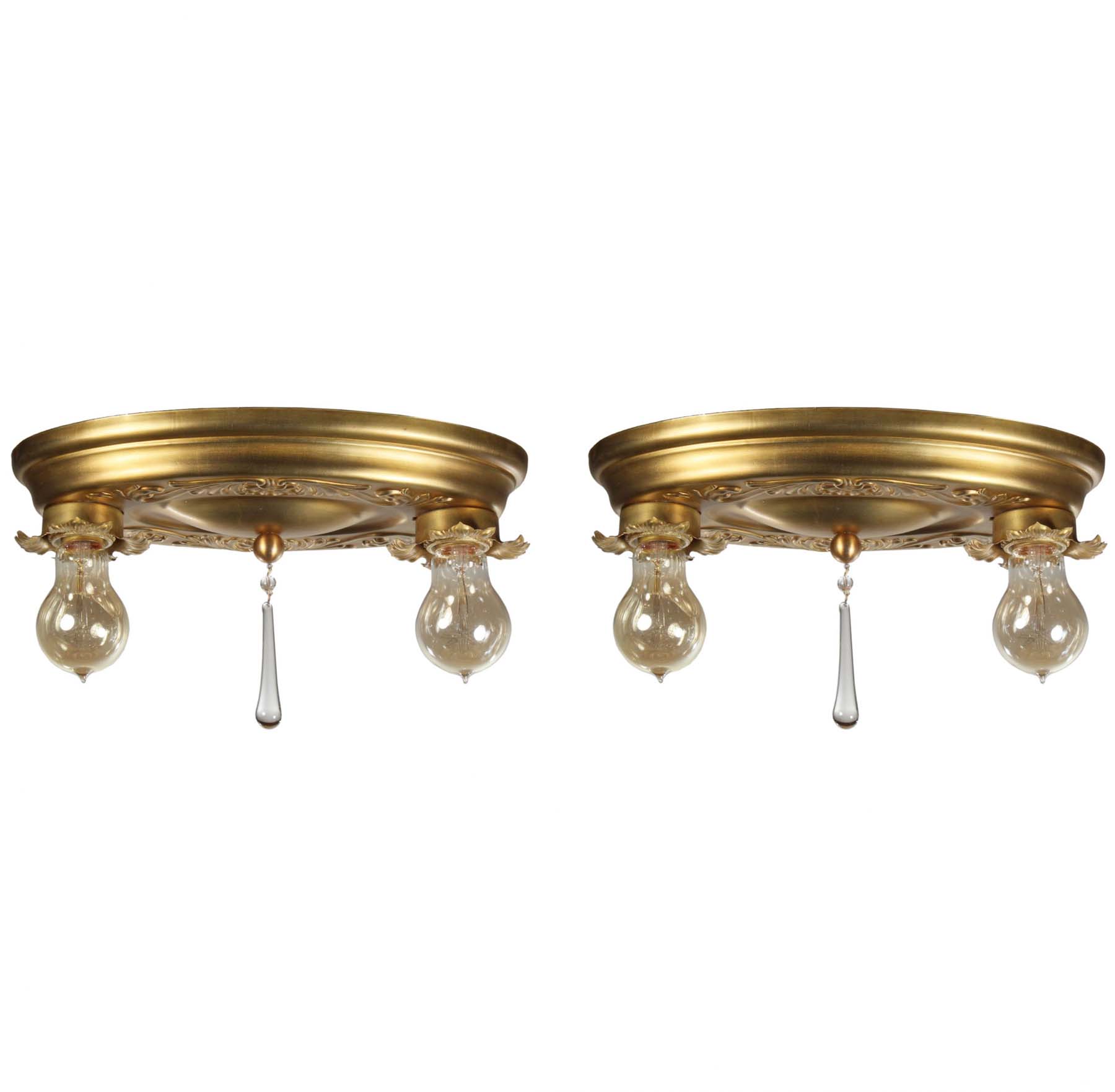 SOLD Neoclassical Flush Mount Fixtures in Brass, Antique Lighting-0