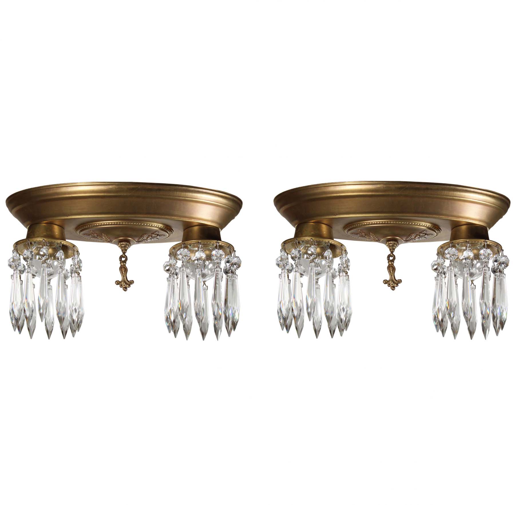SOLD Antique Neoclassical Flush Mount Fixtures, Icicle Prisms-0