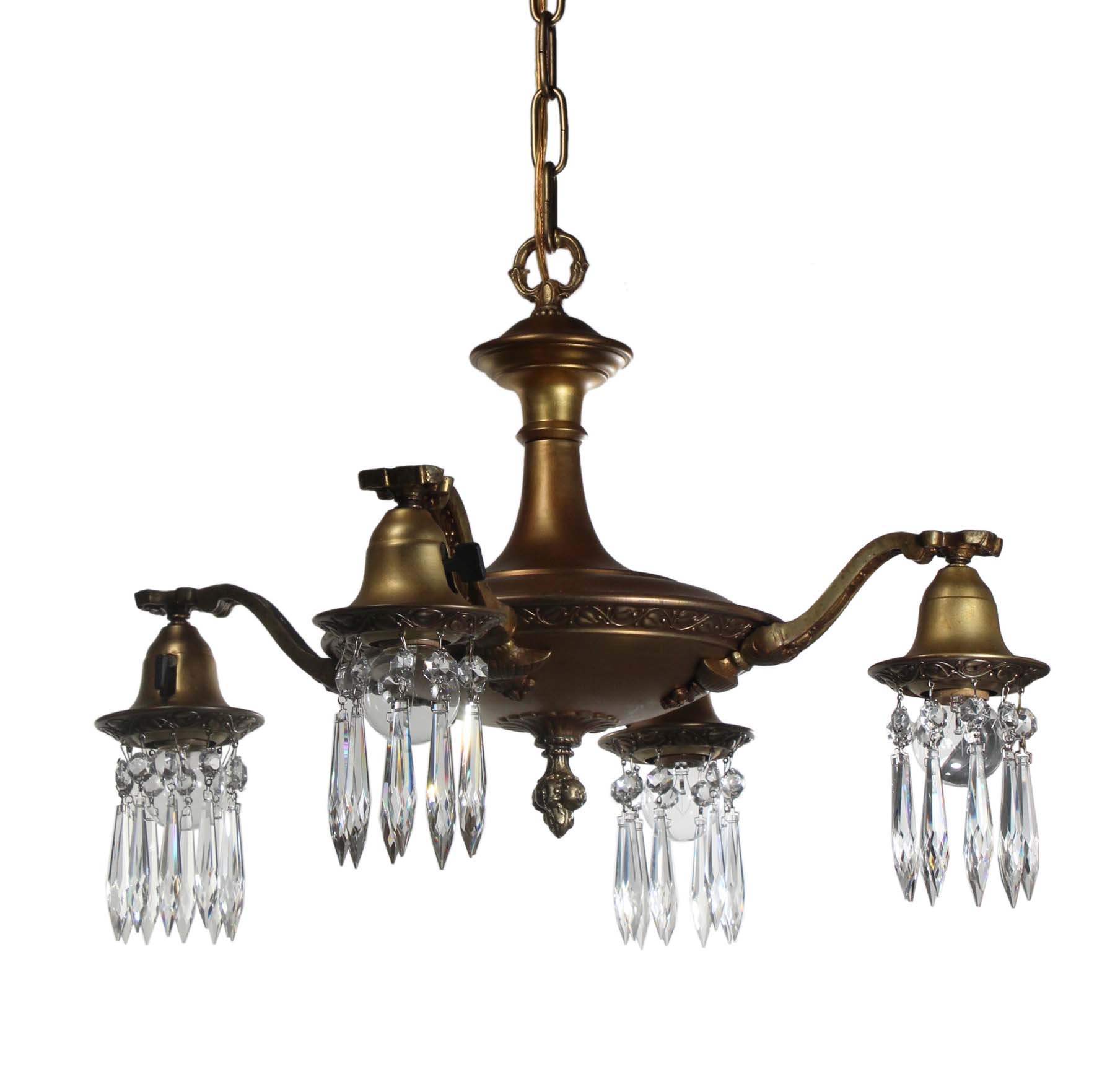 SOLD Antique Brass Four-Light Chandelier with Prisms-0
