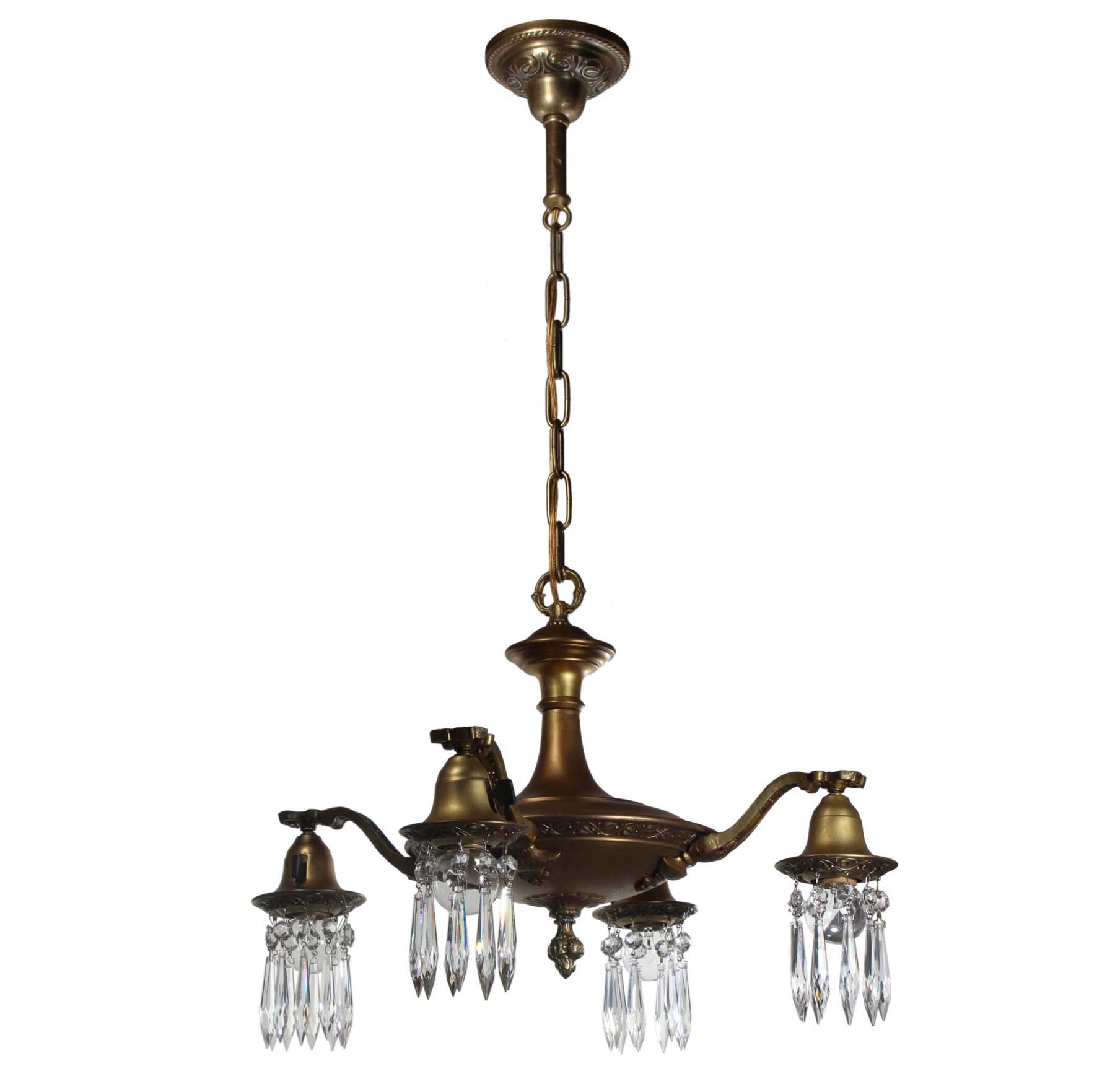 SOLD Antique Brass Four-Light Chandelier with Prisms-68429