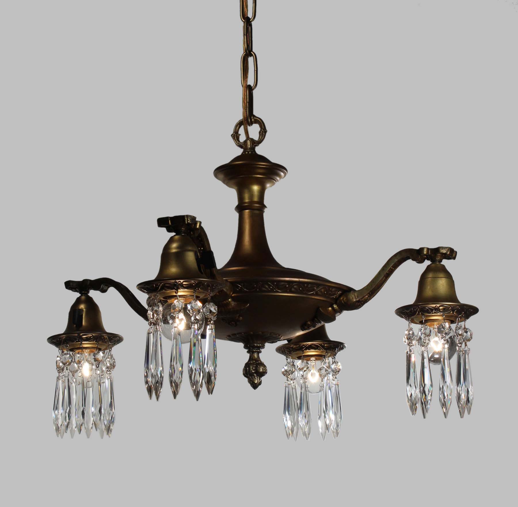 SOLD Antique Brass Four-Light Chandelier with Prisms-68431