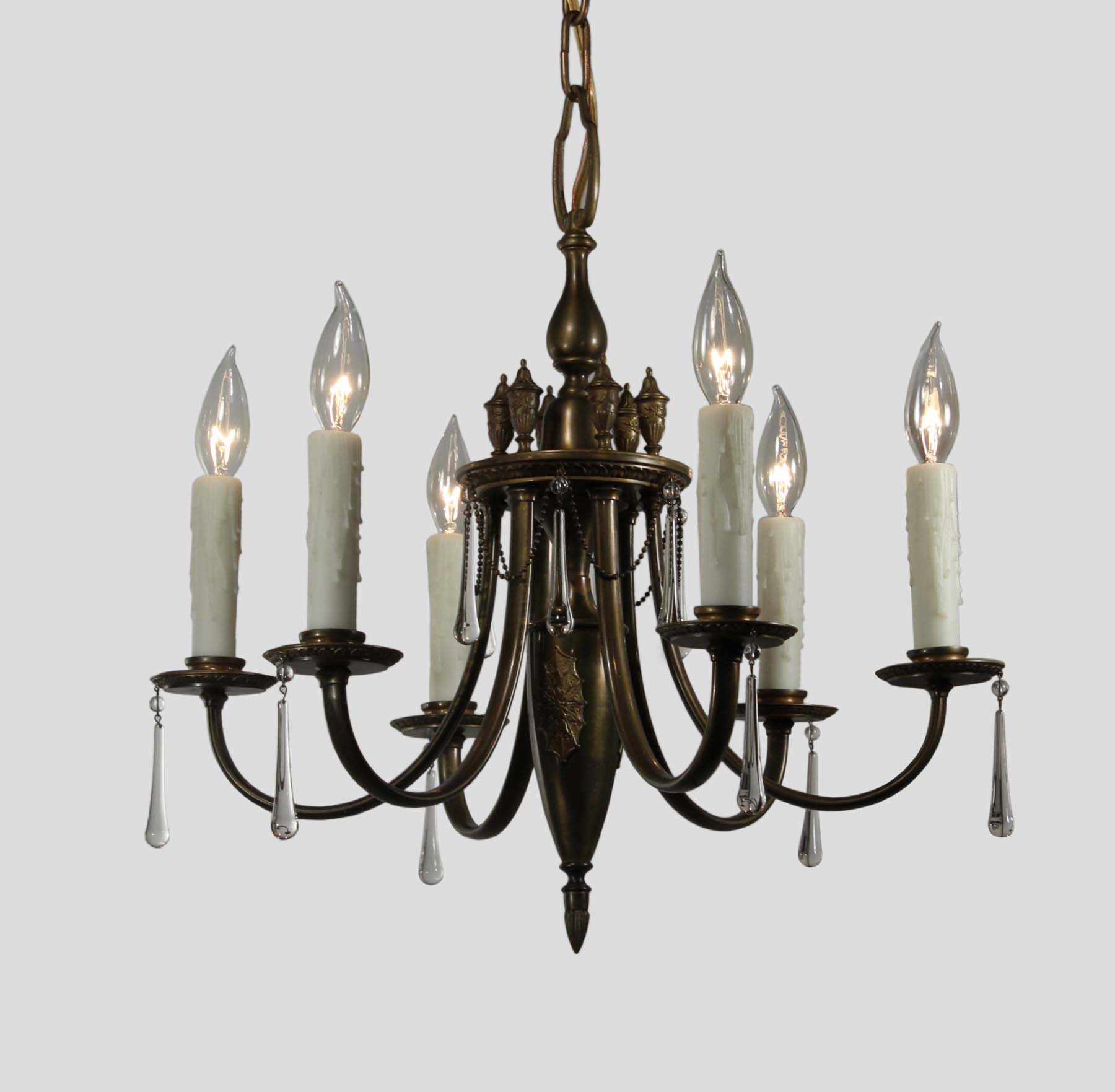 Antique Brass SixLight Chandelier with Teardrop Prisms