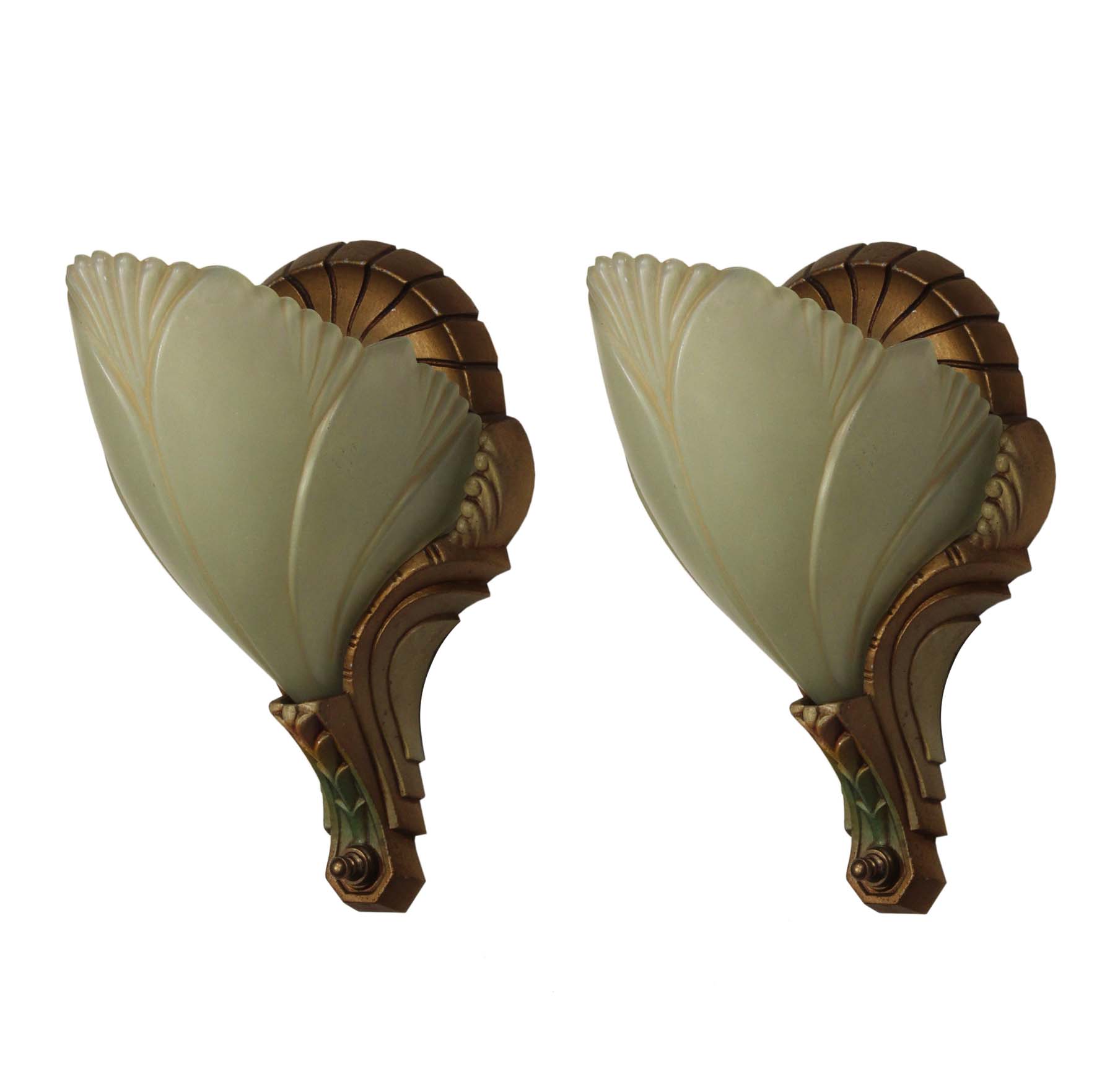 SOLD Pair of Antique Art Deco Batwing Slip Shade Sconces-0
