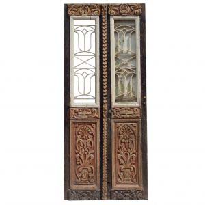 Antique Pair of 37” French Colonial Doors with Iron Inserts-0