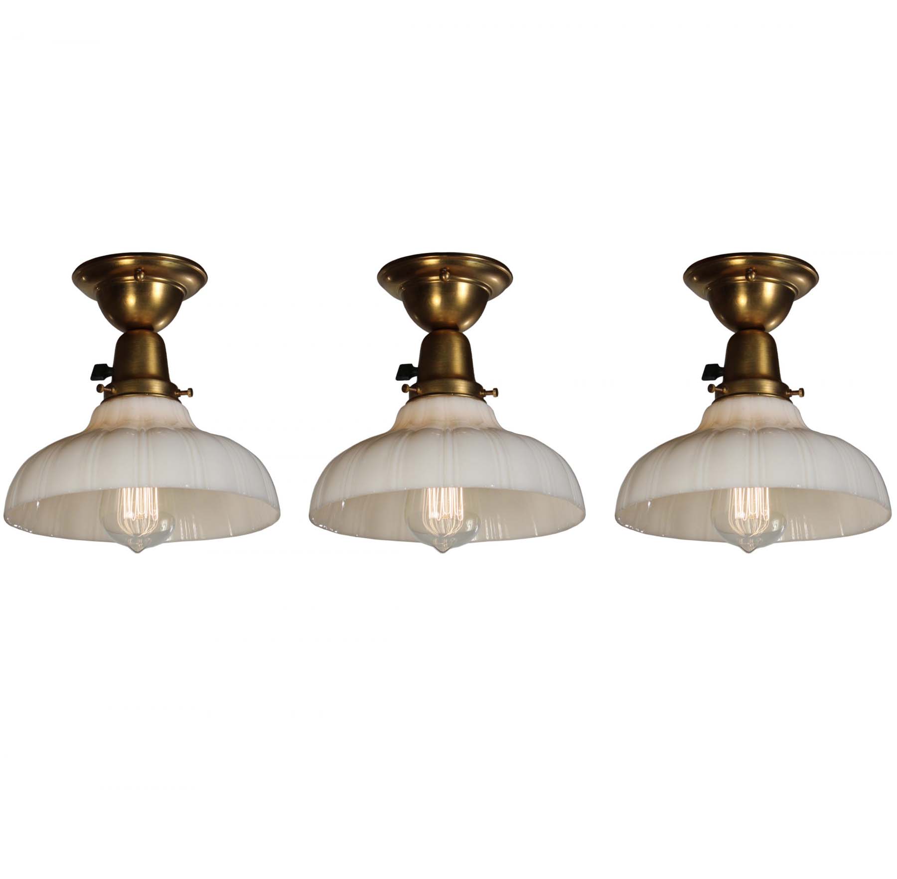 SOLD Antique Brass Flush Mounts with Sheffield Style Shades-0