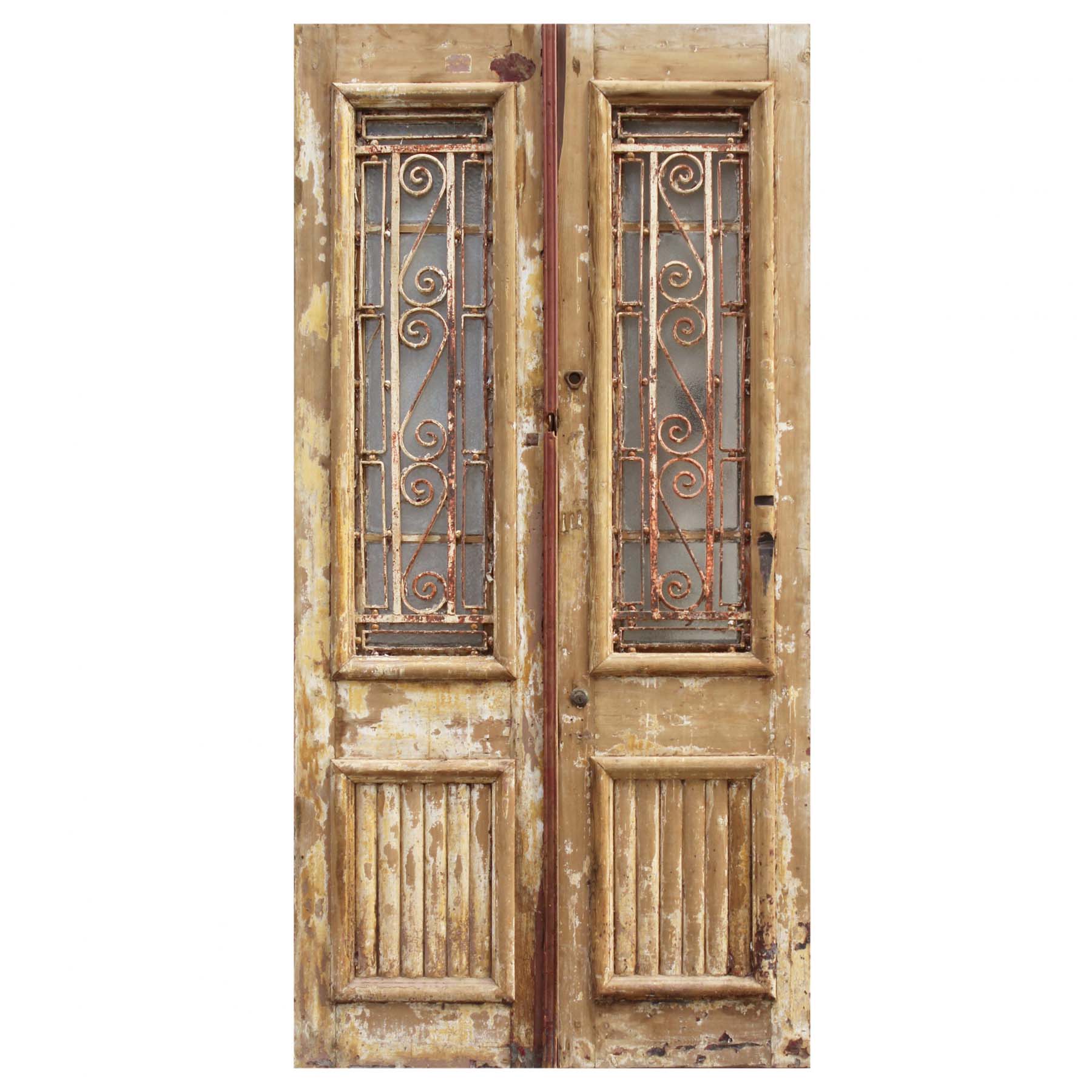 SOLD Pair of 44” Antique French Colonial Doors with Iron Inserts-0