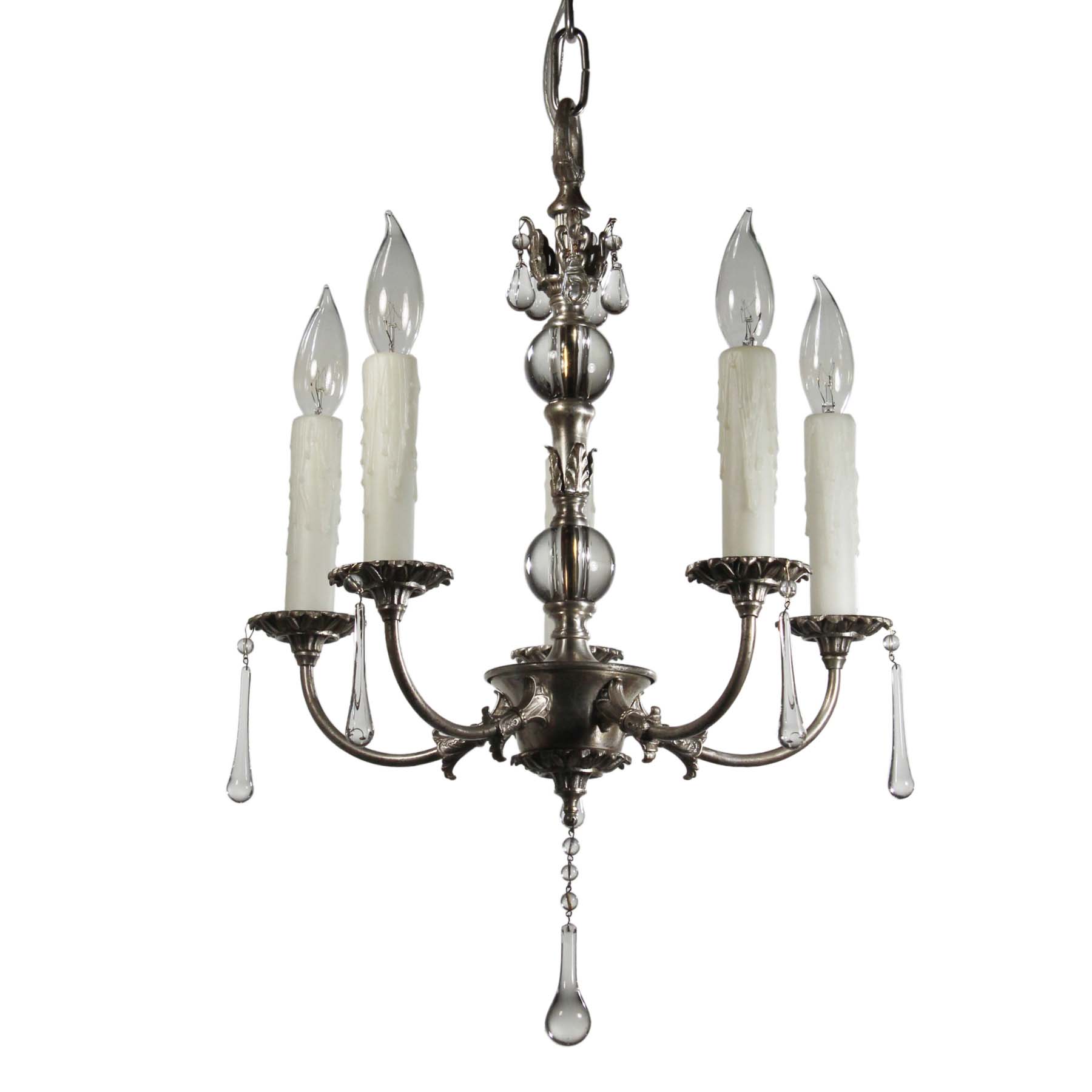 SOLD Antique Glass & Silver Plate Chandelier with Prisms-0