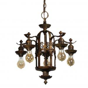 Antique Spanish Revival Five-Light Bronze Chandelier, Early 1900s-0