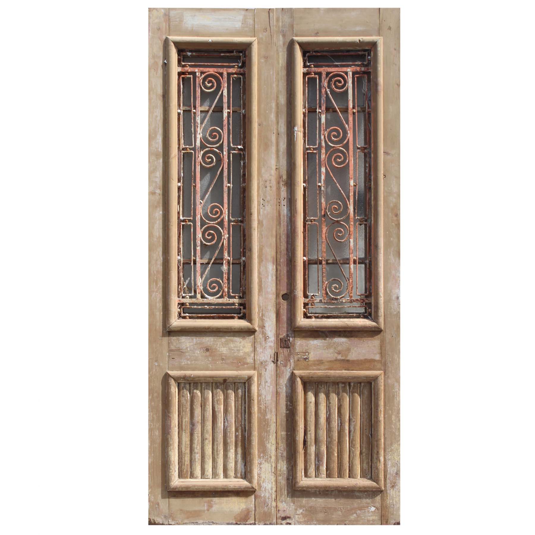 Salvaged Pair of 44” French Colonial Doors with Iron Inserts-0