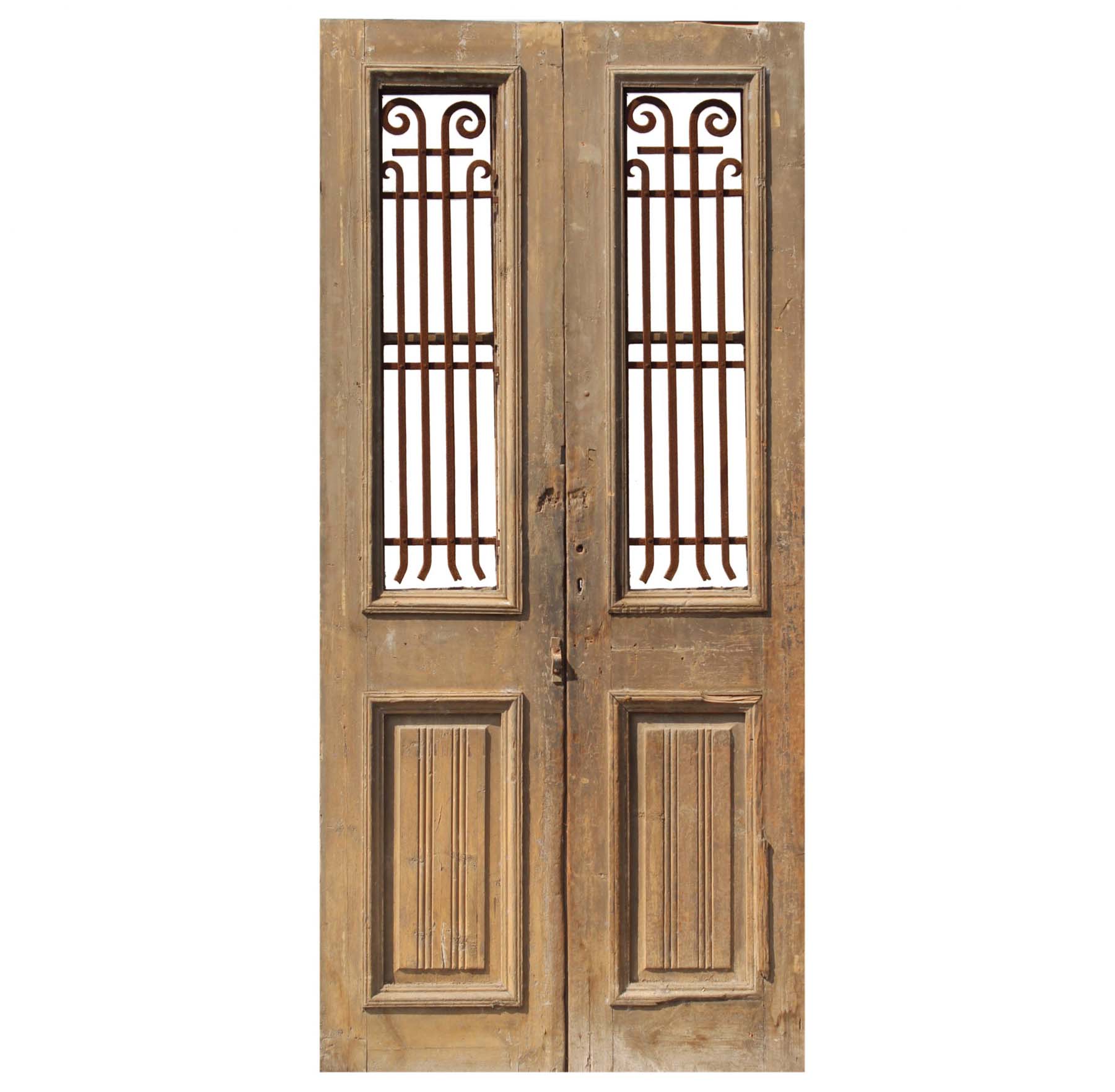 SOLD Pair of 44” Antique French Colonial Doors with Iron Inserts-0