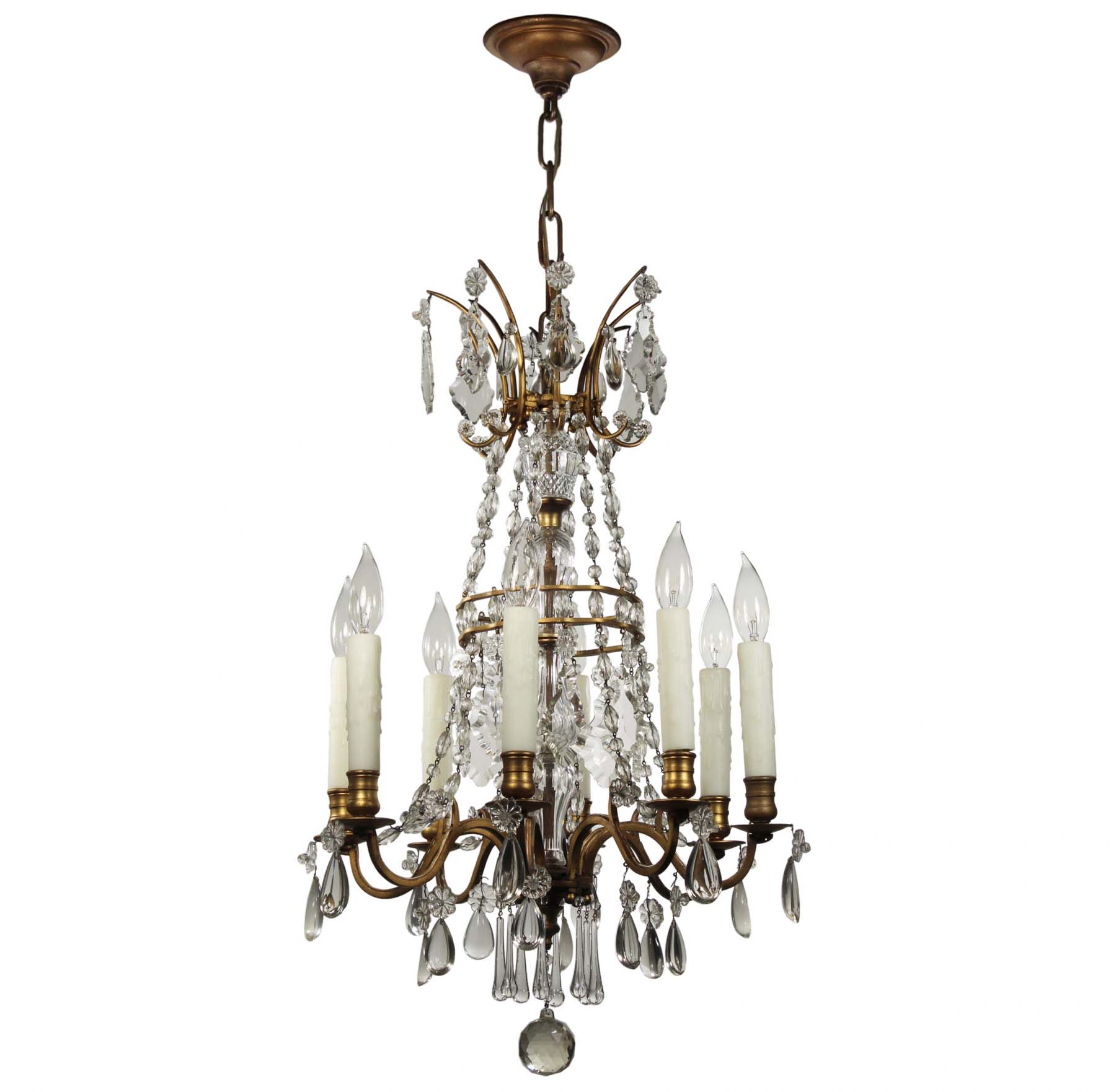 Antique Neoclassical Brass Chandelier with Prisms-0