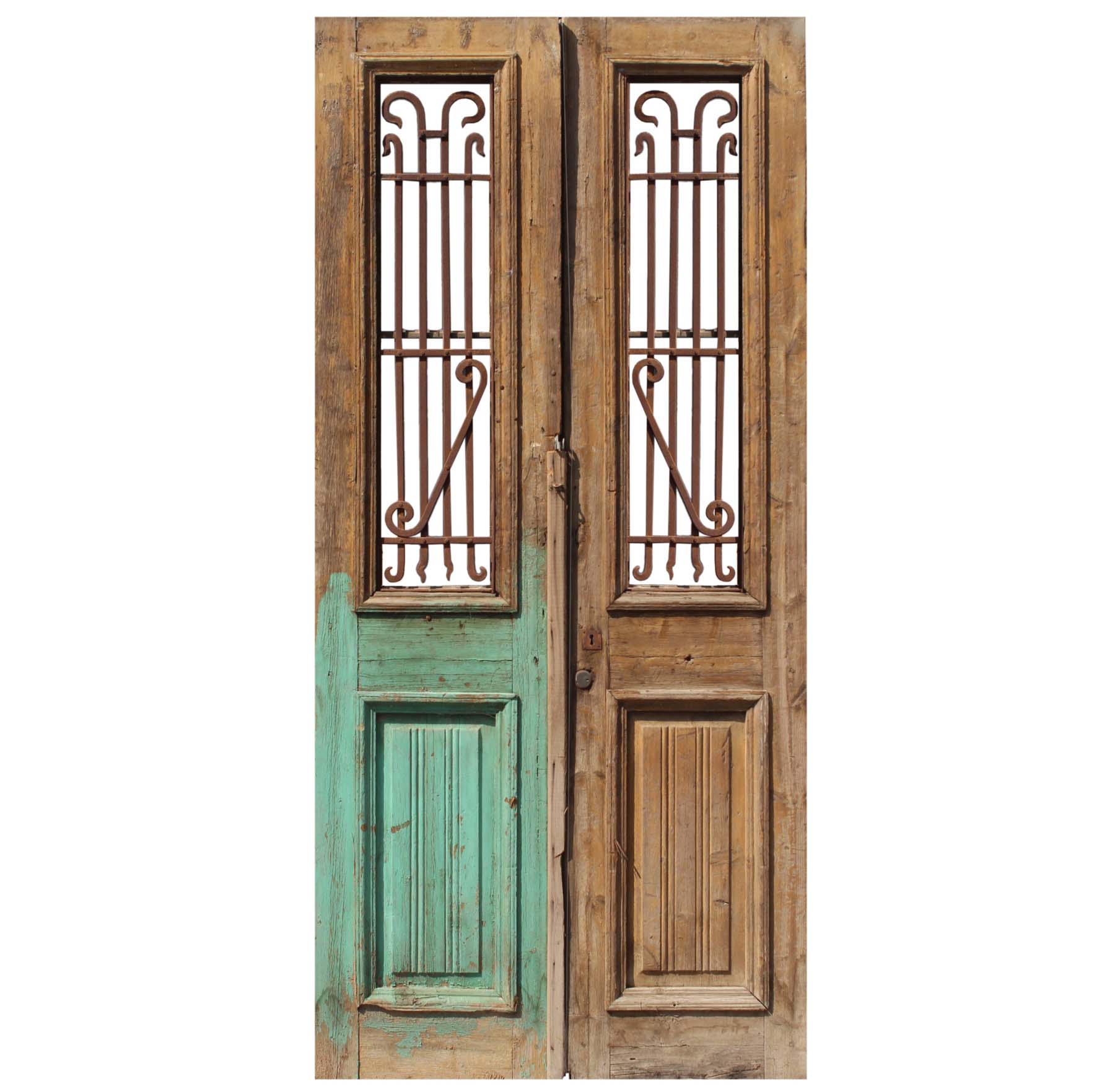SOLD Salvaged Pair of 44” Antique French Colonial Doors with Iron Inserts-0