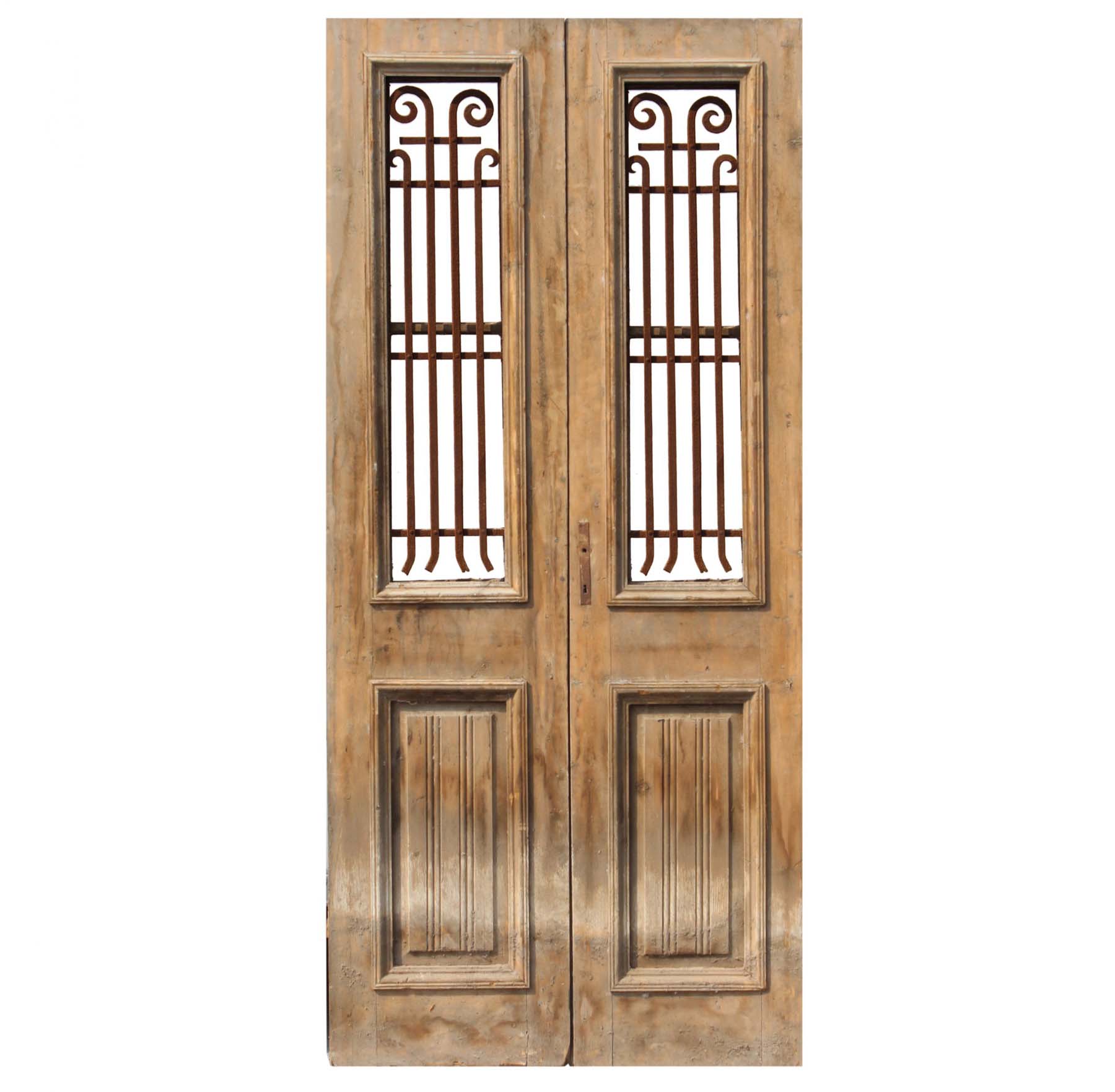 SOLD Salvaged Pair of 44” French Colonial Doors with Iron Inserts-0