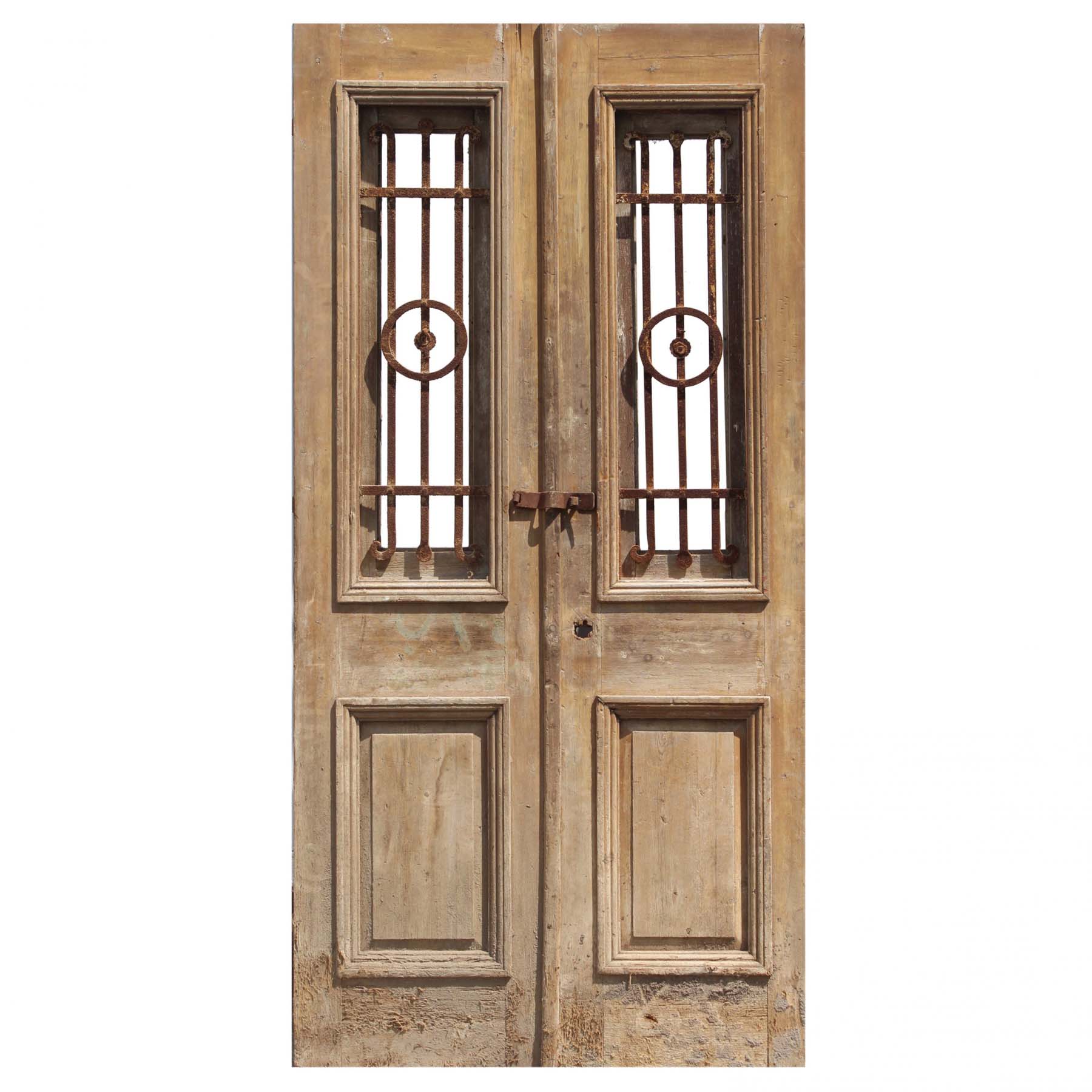 SOLD Antique Pair of 43” French Colonial Doors with Iron Inserts-0