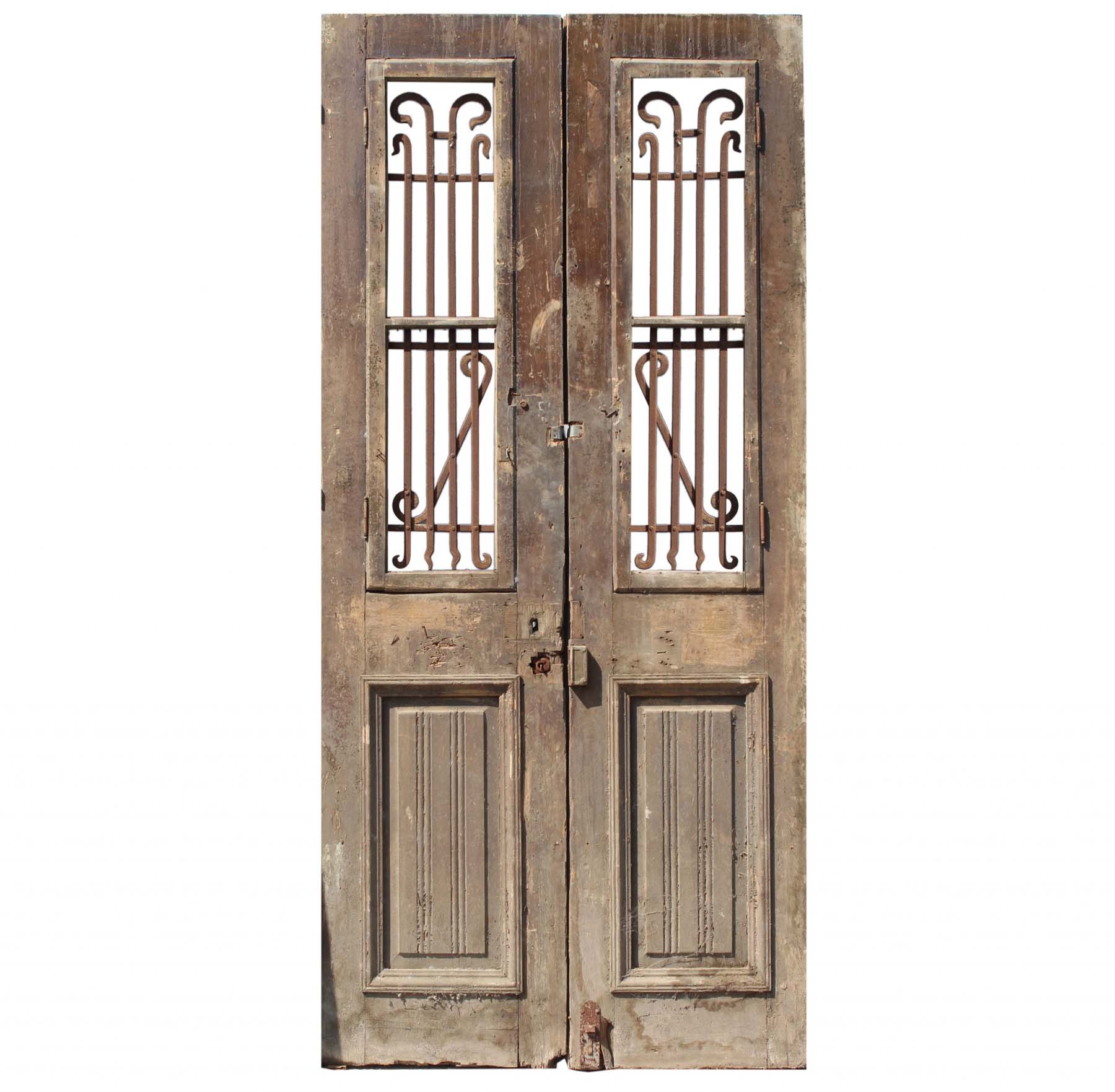SOLD Salvaged Pair of 44” Antique French Colonial Doors with Iron Inserts-68728