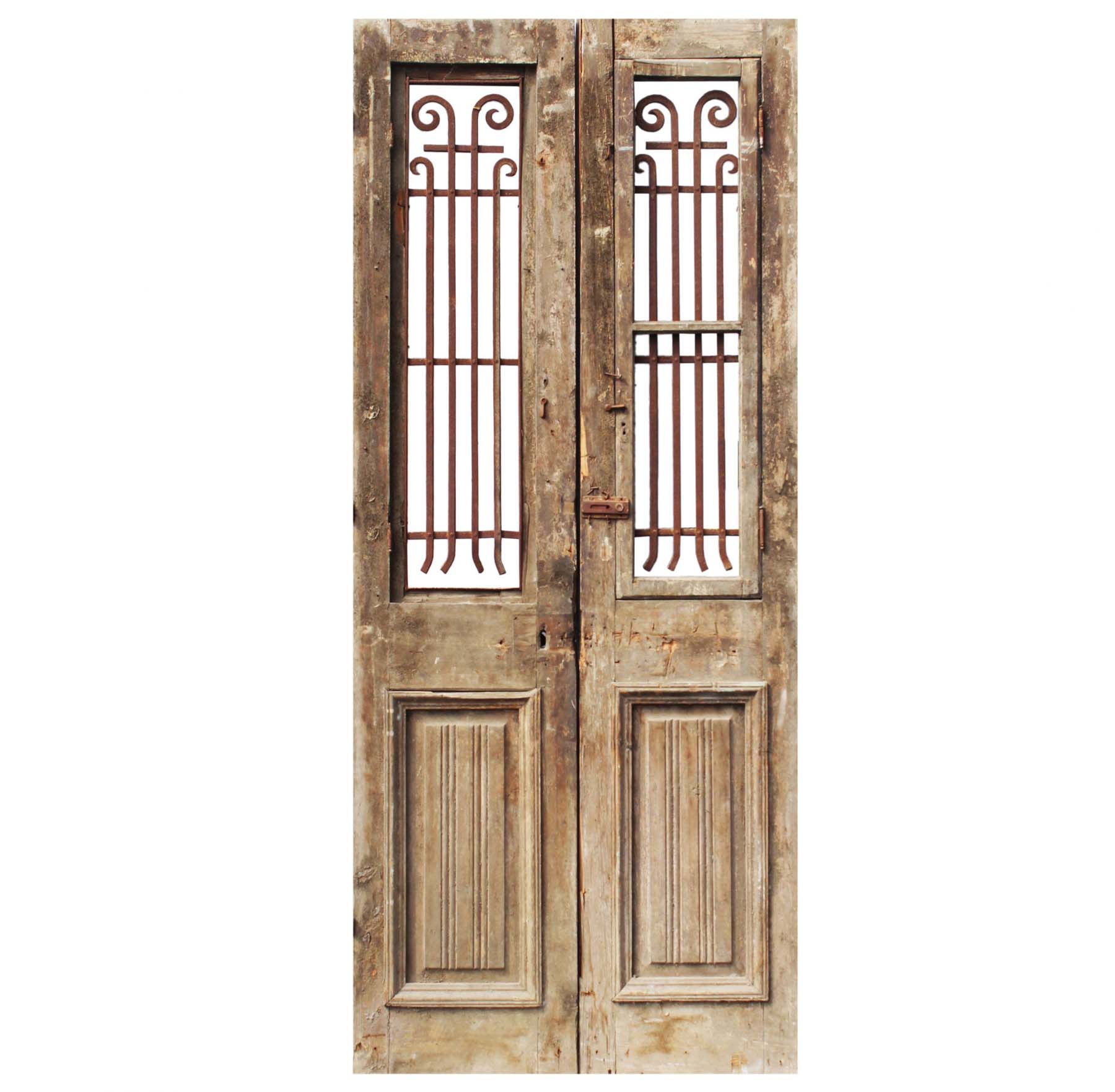 SOLD Pair of 40” Antique French Colonial Doors with Iron Inserts-68731