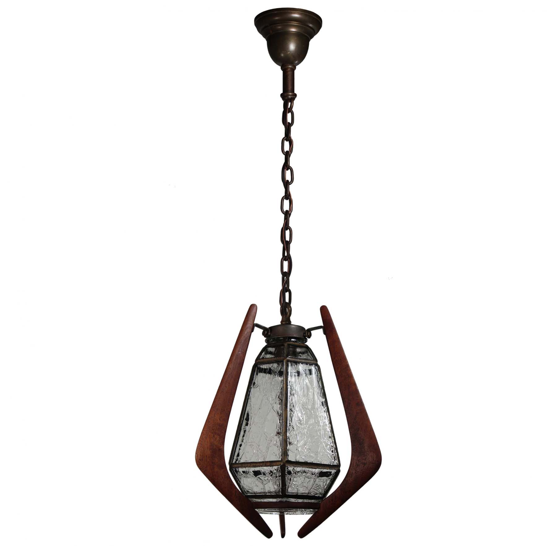 SOLD Unusual Midcentury Pendant Light, Wood & Glass-68759
