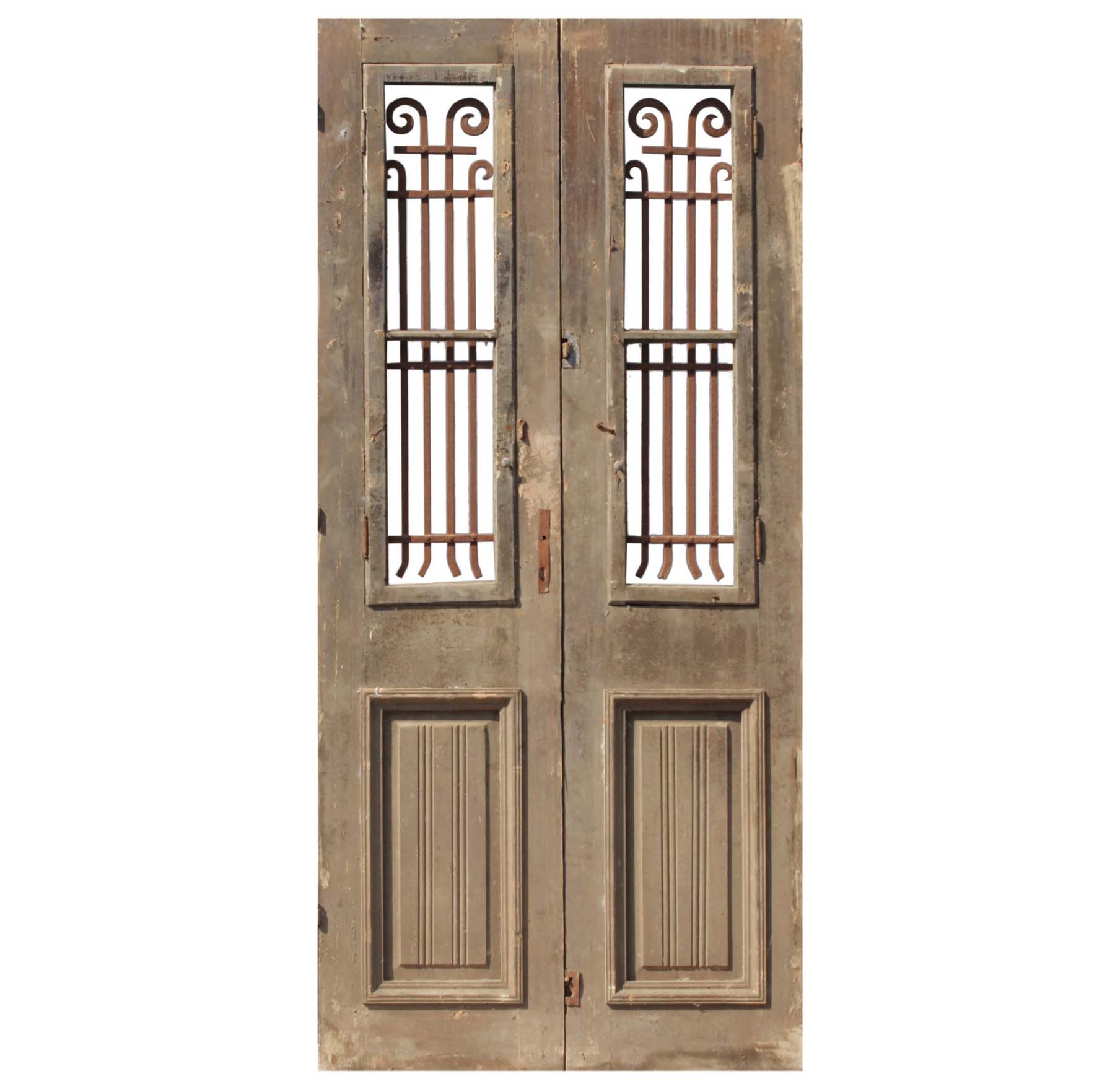 SOLD Pair of 44” Antique French Colonial Doors with Iron Inserts-68793