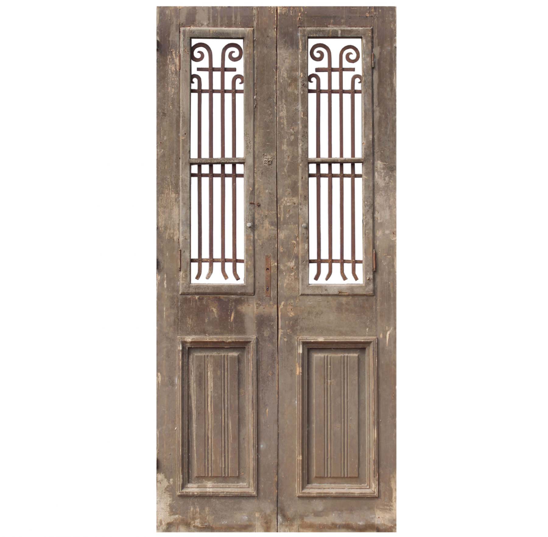 SOLD Salvaged Pair of 44” French Colonial Doors with Iron Inserts-68796