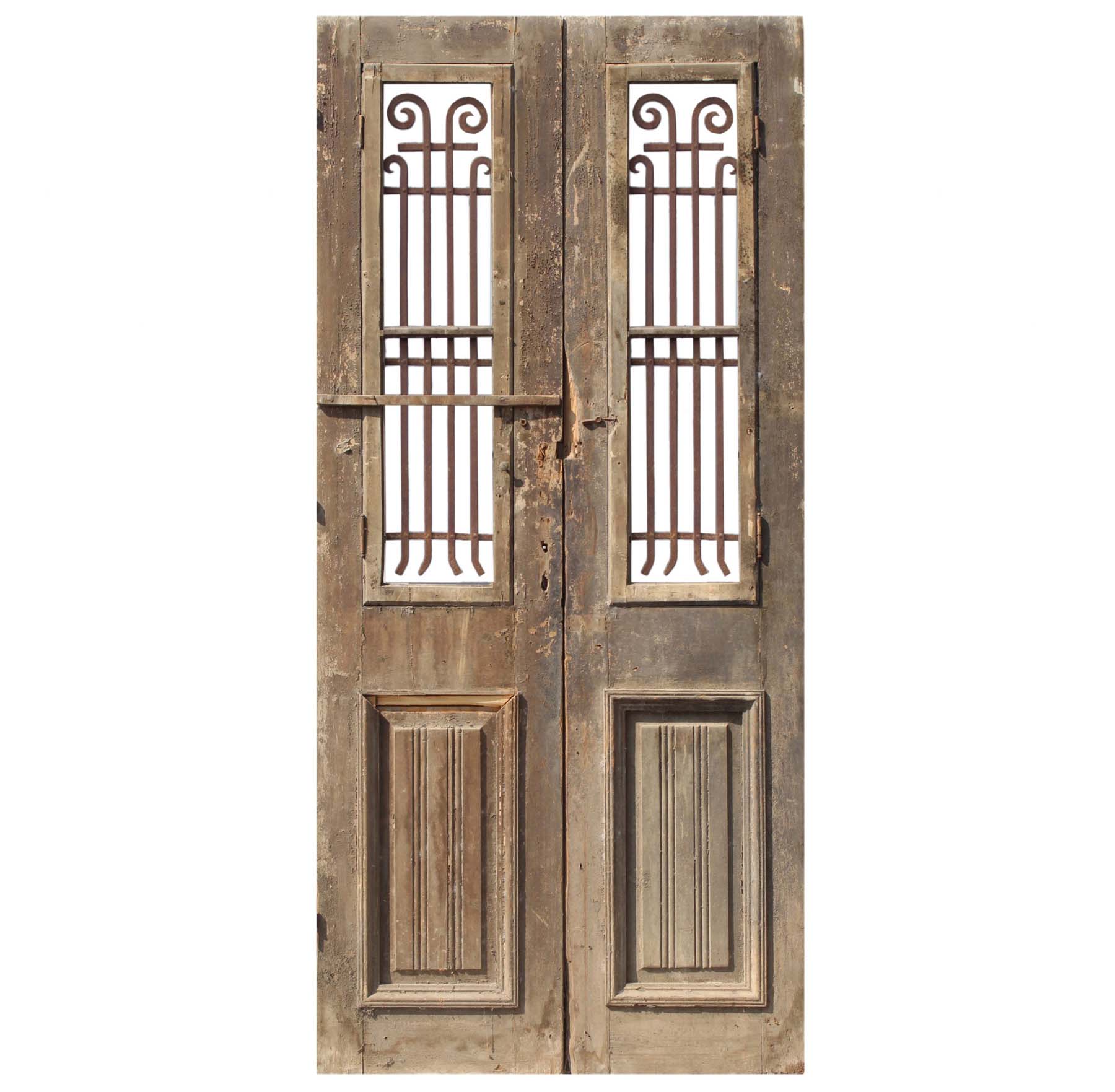 SOLD Pair of 44” Antique French Colonial Doors with Iron Inserts-68799