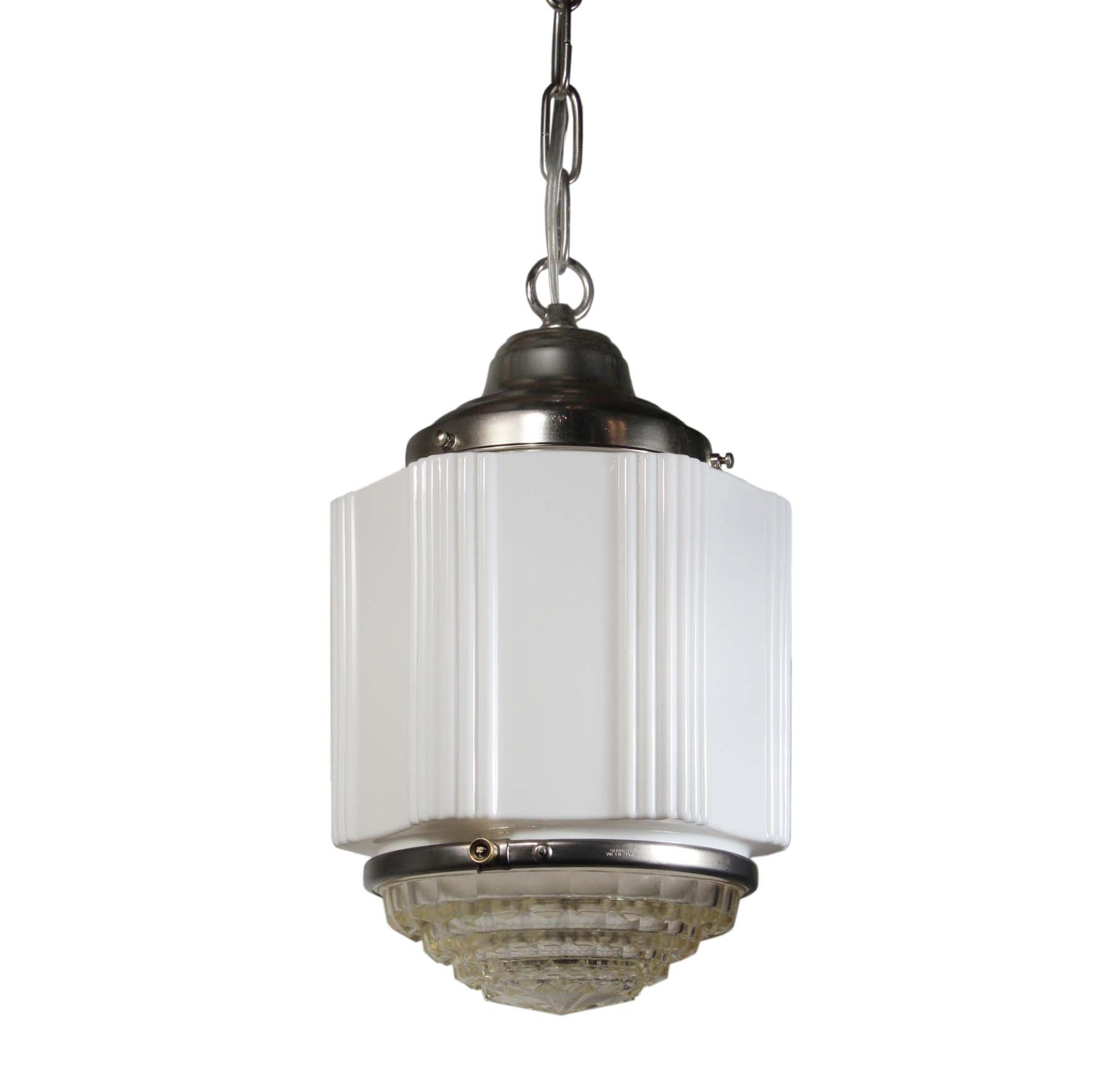 SOLD Matching Art Deco Skyscraper Pendant Lights with Two-Part Prismatic Shade-68872