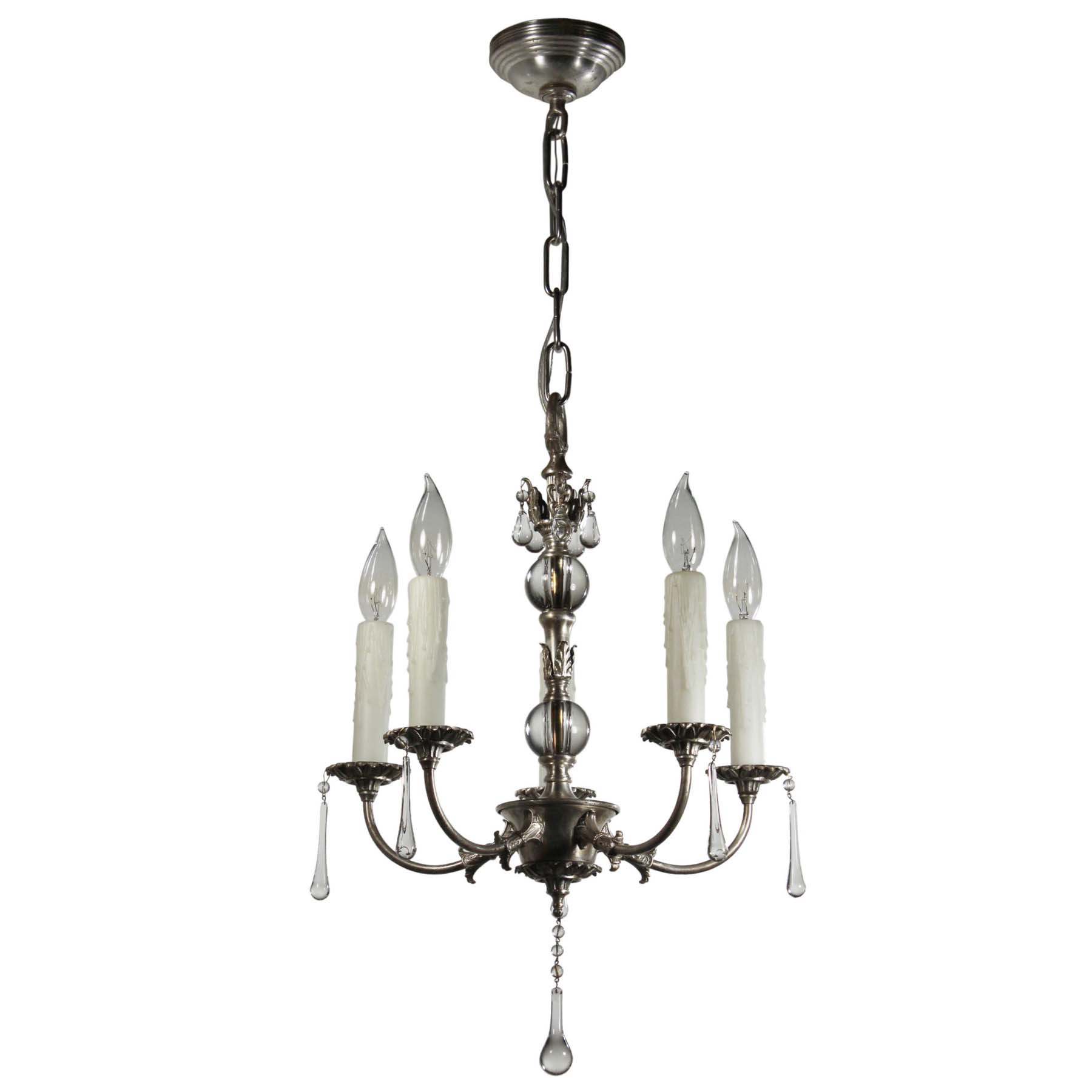 SOLD Antique Glass & Silver Plate Chandelier with Prisms-68994