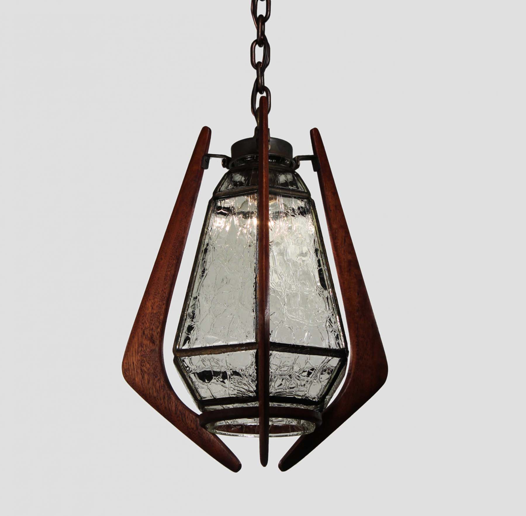 SOLD Unusual Midcentury Pendant Light, Wood & Glass-68754