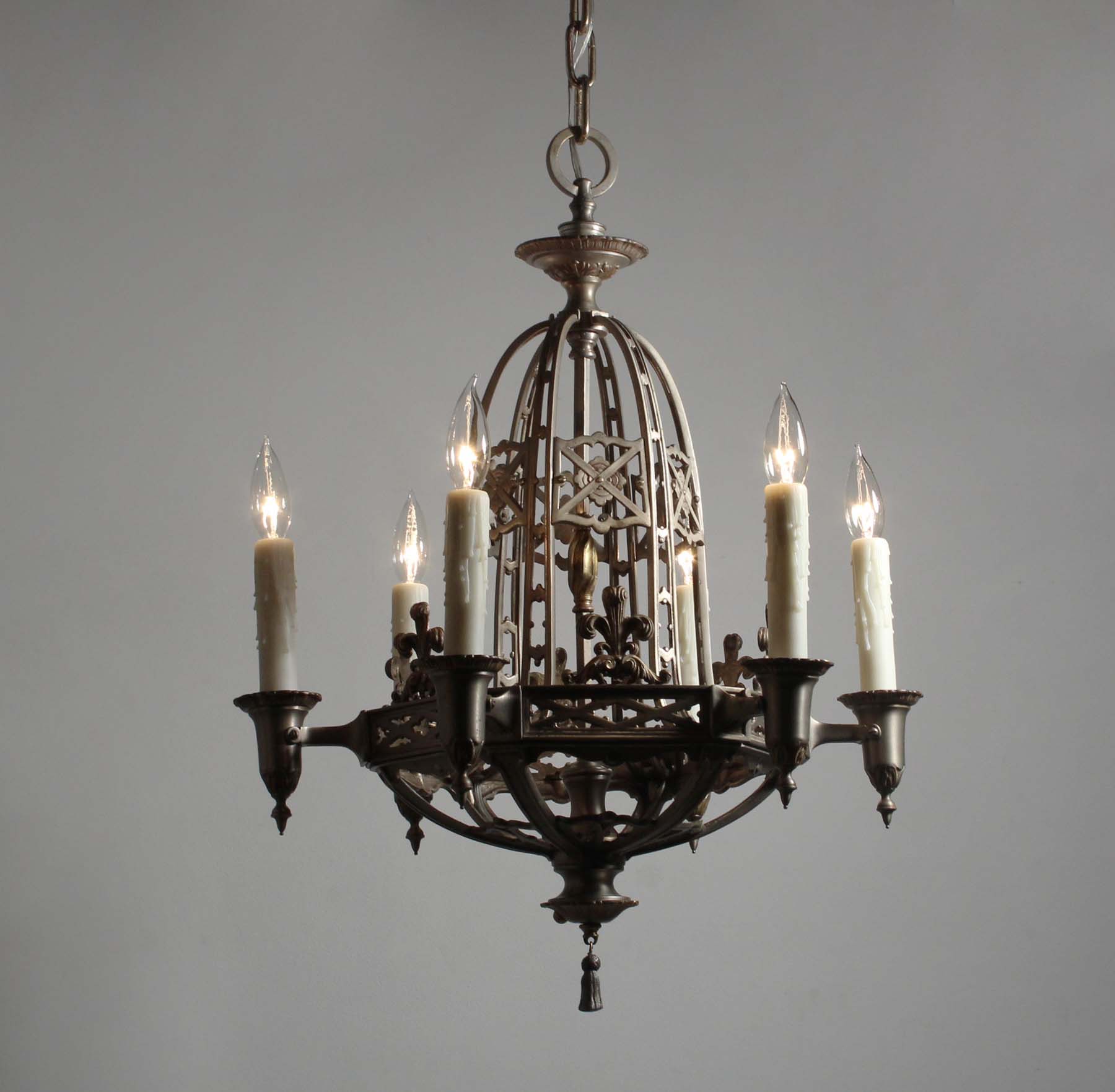 SOLD Antique Six-Light Tudor Chandelier, Fleur De Lis-68771