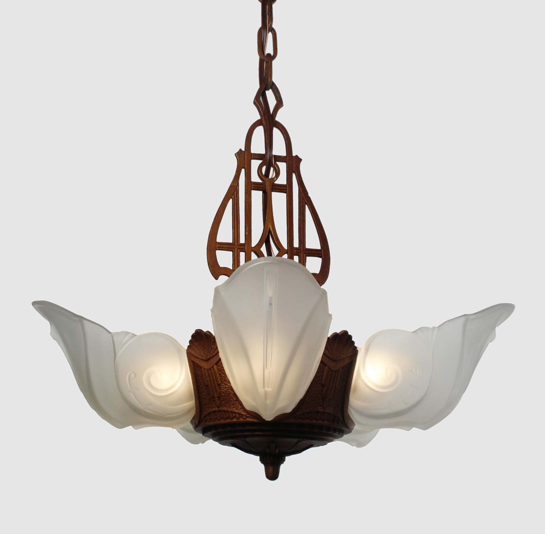 SOLD Antique Art Deco Slip Shade Chandelier, "Warwick” Design by Glasco Electric, -68820
