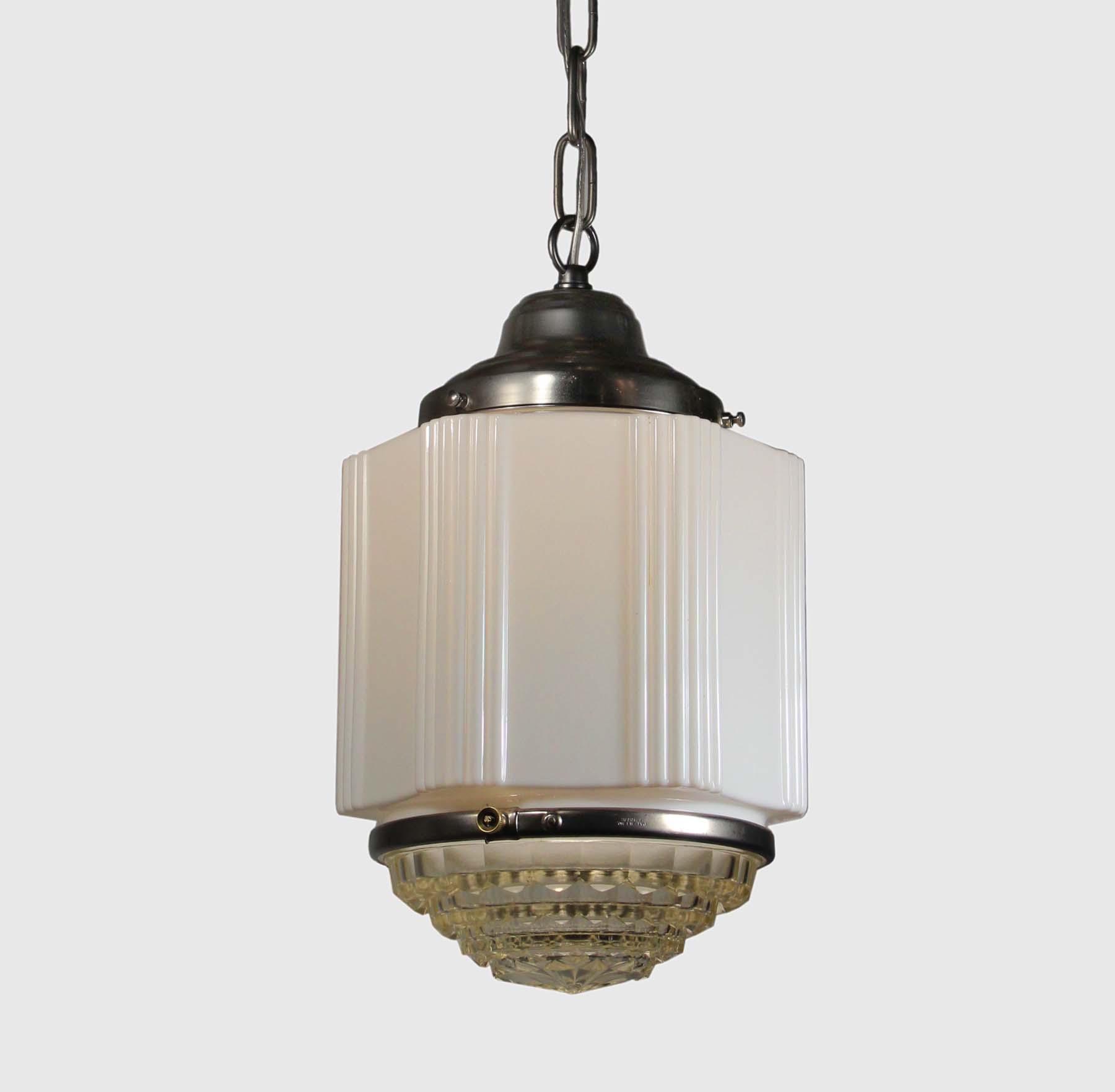SOLD Matching Art Deco Skyscraper Pendant Lights with Two-Part Prismatic Shade-68873