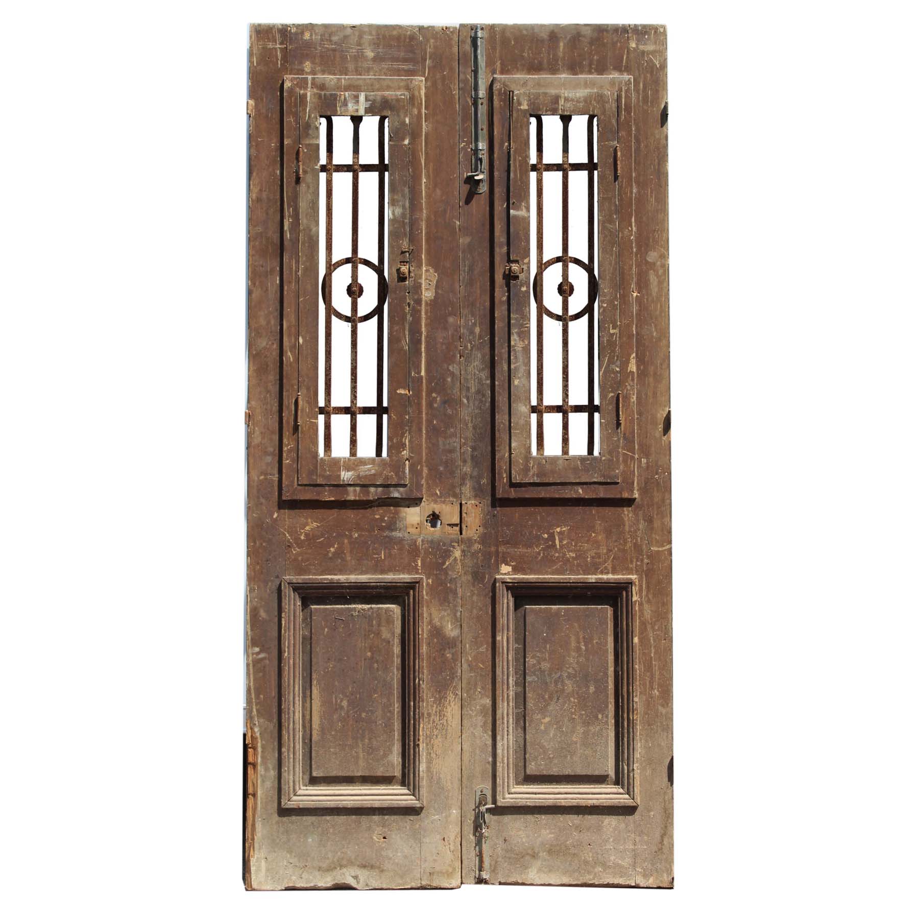 SOLD Antique Pair of 43” French Colonial Doors with Iron Inserts-68986