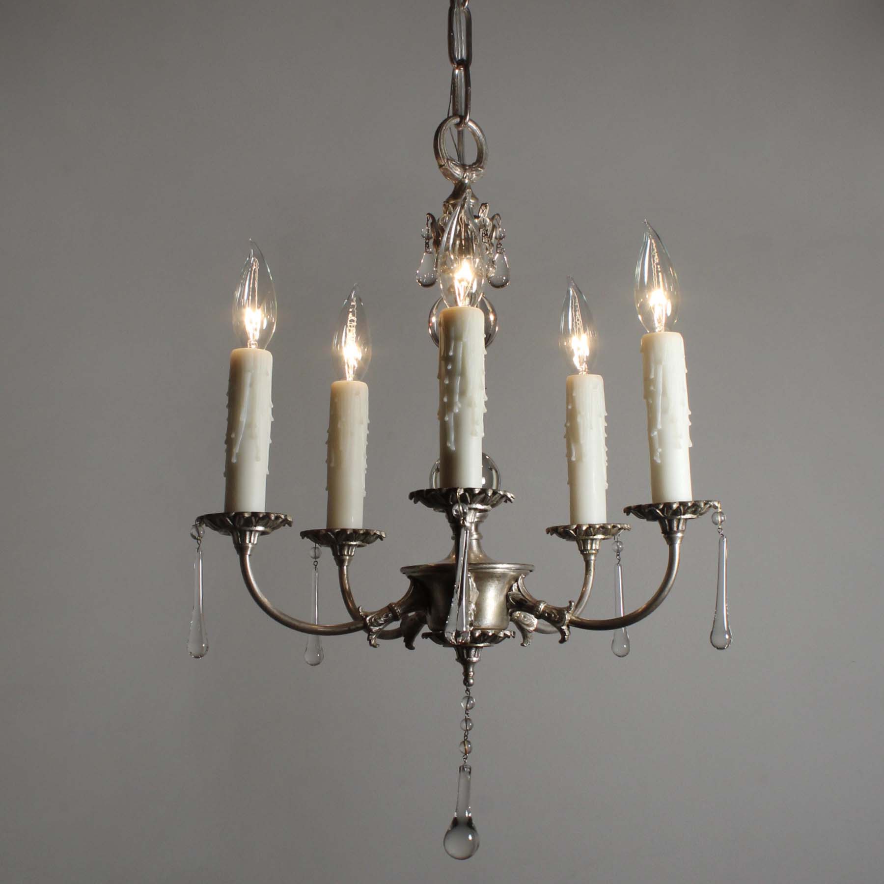 SOLD Antique Glass & Silver Plate Chandelier with Prisms-68995