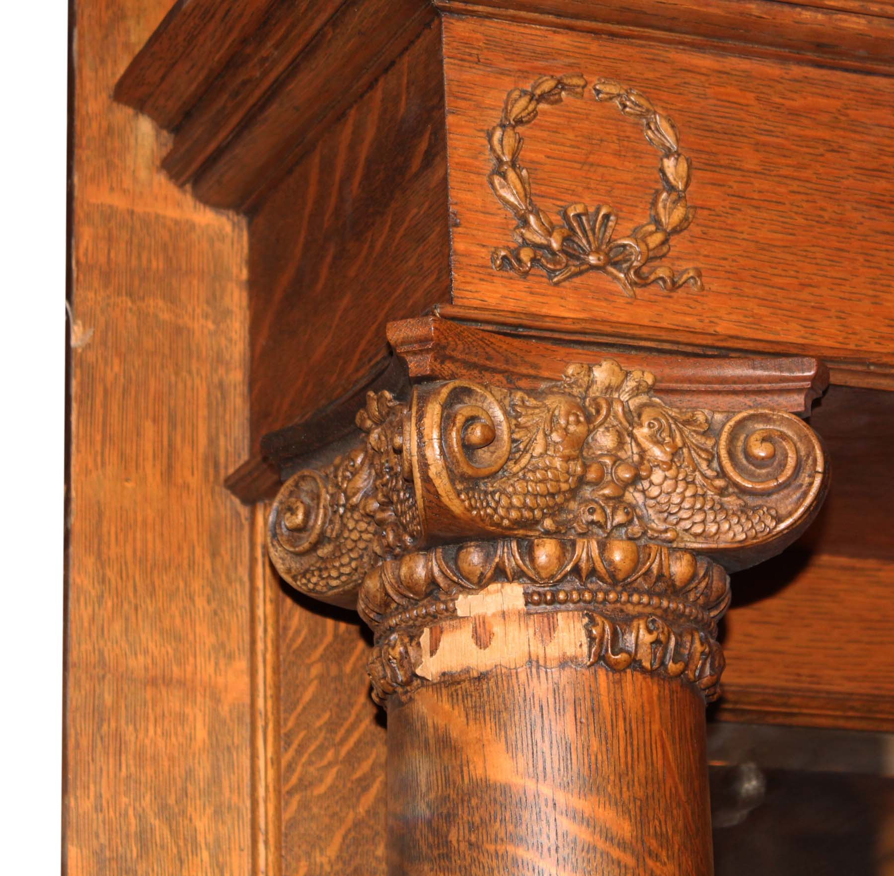 Antique Figural Fireplace Mantel, Quarter Sawn Oak-68895