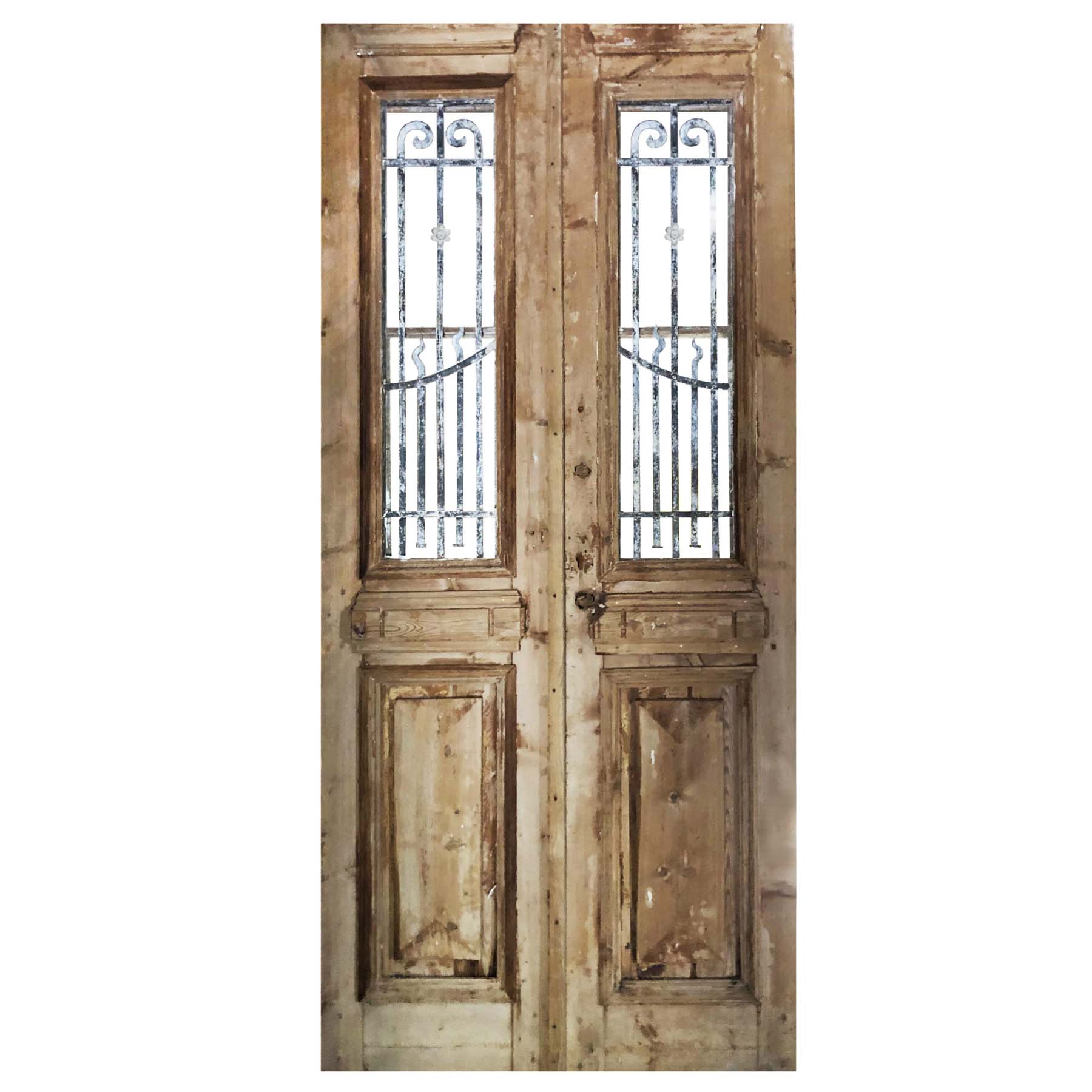 SOLD Salvaged Pair of 44” French Colonial Doors with Iron Inserts-0