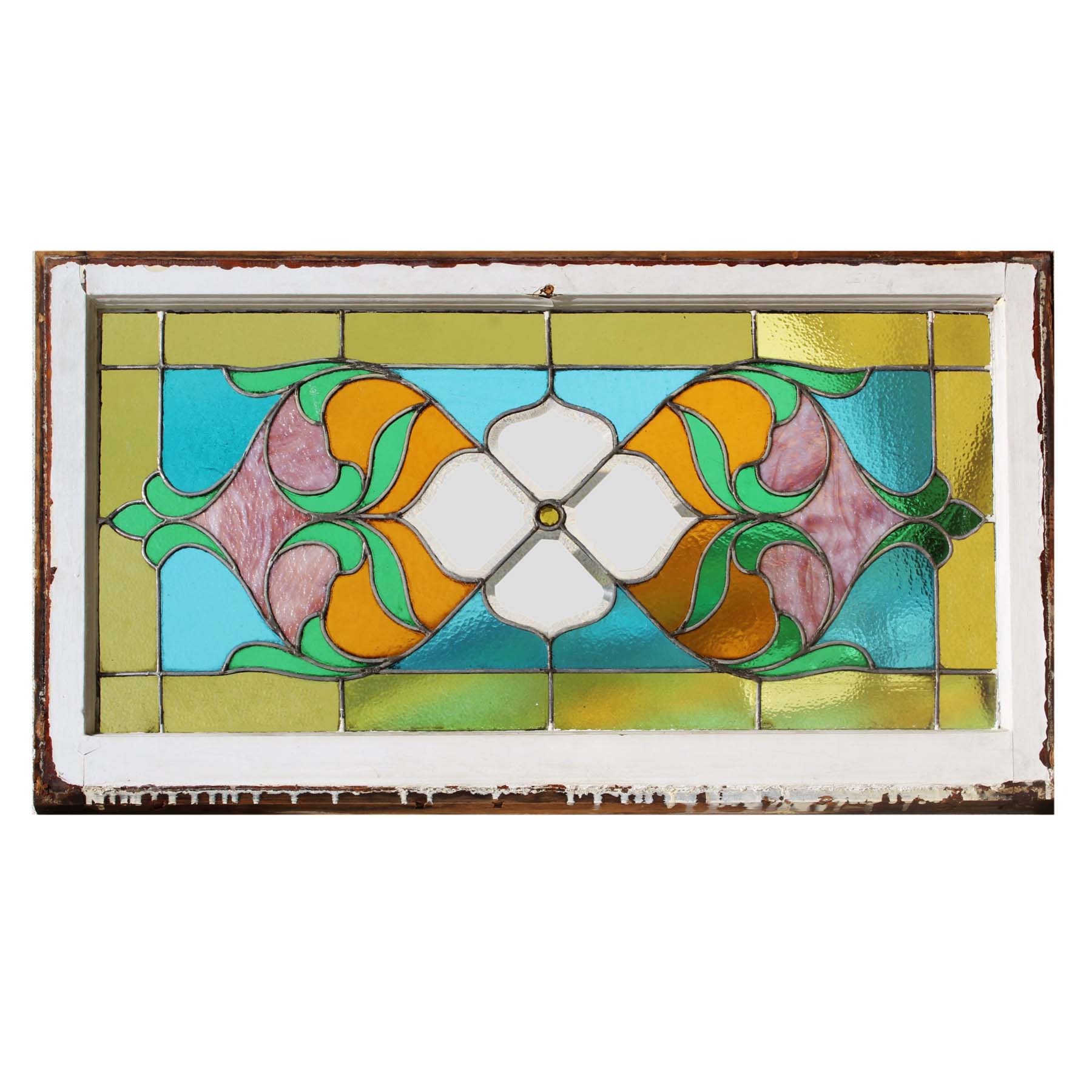SOLD Antique American Stained Glass Transom with Flowers, c. 1900's-0