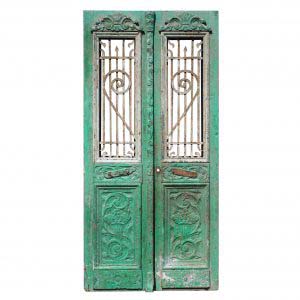 Pair of Antique 42” French Colonial Doors with Iron Inserts-0