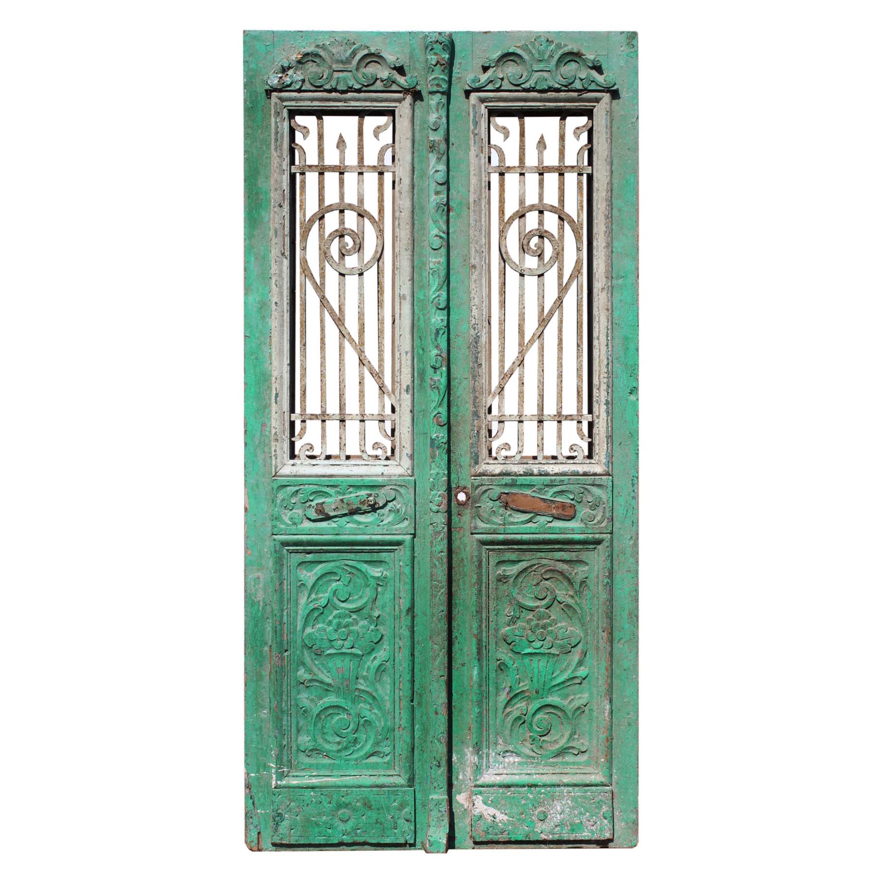 Pair of Antique 42” French Colonial Doors with Iron Inserts-0